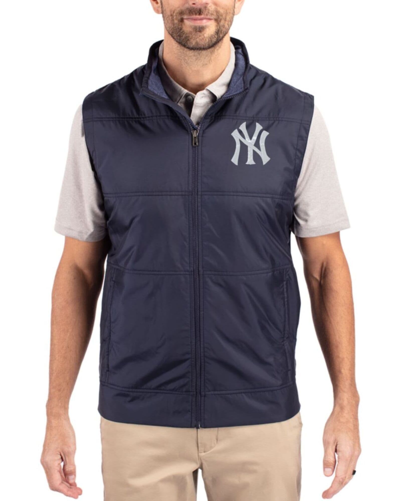 Men's New York Yankees Cutter & Buck Liberty Navy Stealth Hybrid Quilted Windbreaker Vest