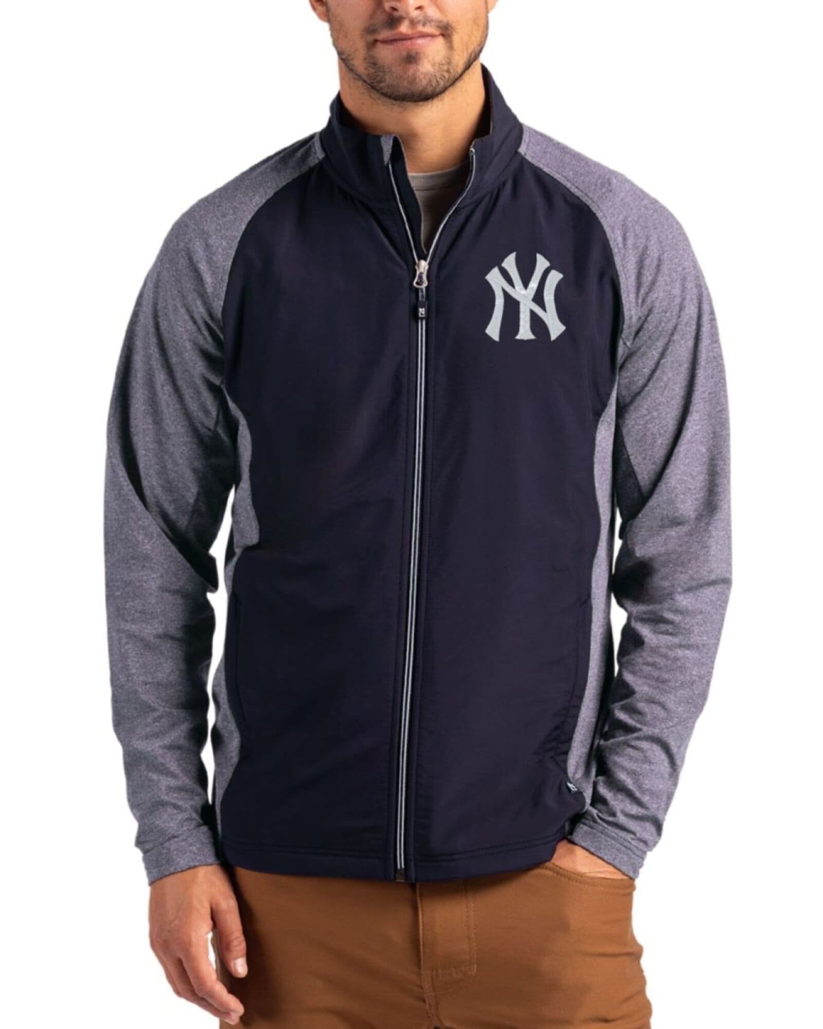 Men's New York Yankees Cutter & Buck Navy Blue Heather/Navy Blue Adapt Soft Knit Stretch Hybrid Full Zip Jacket