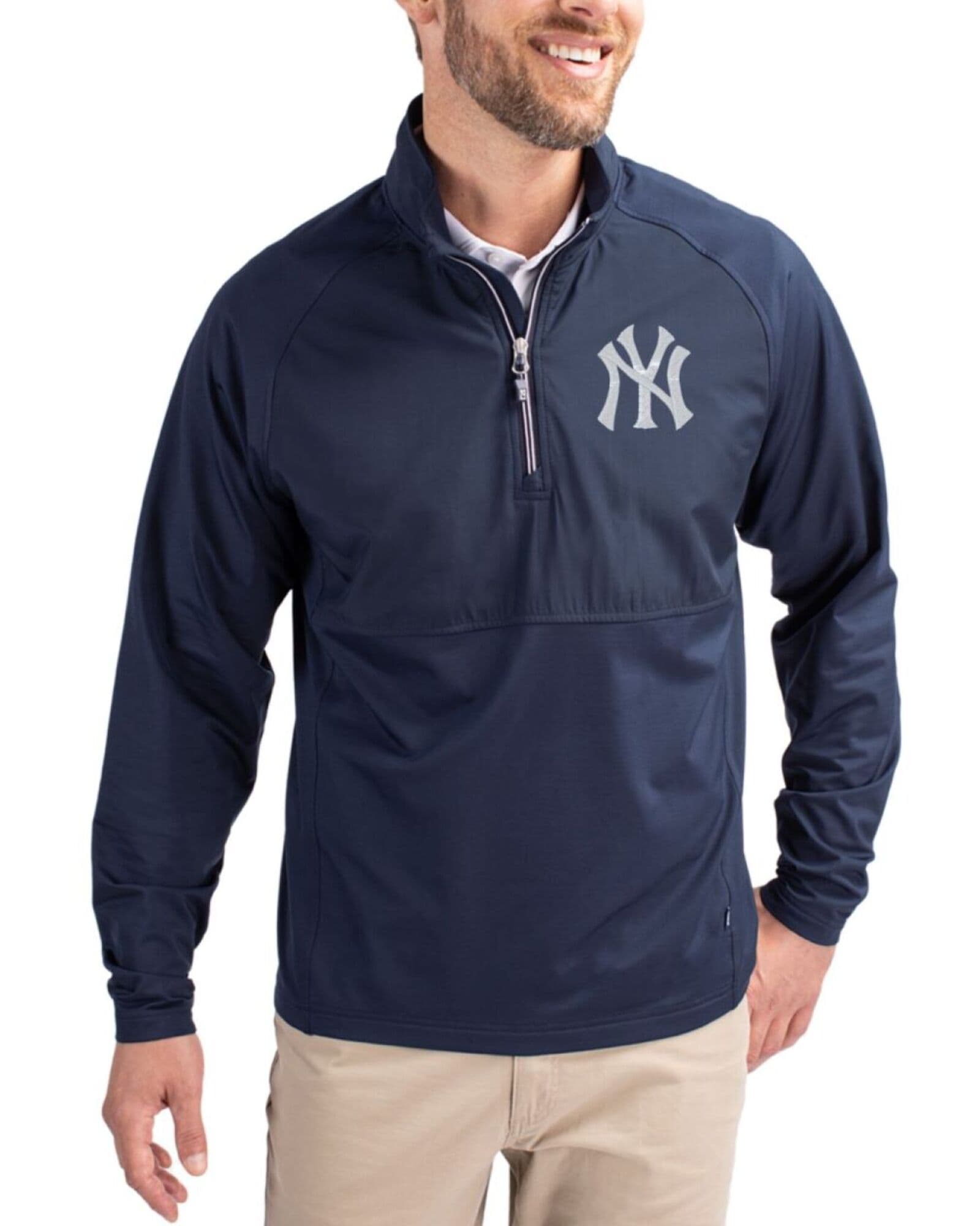 Men's New York Yankees Cutter & Buck Navy Blue Adapt Soft Knit Stretch Hybrid Quarter Zip Pullover