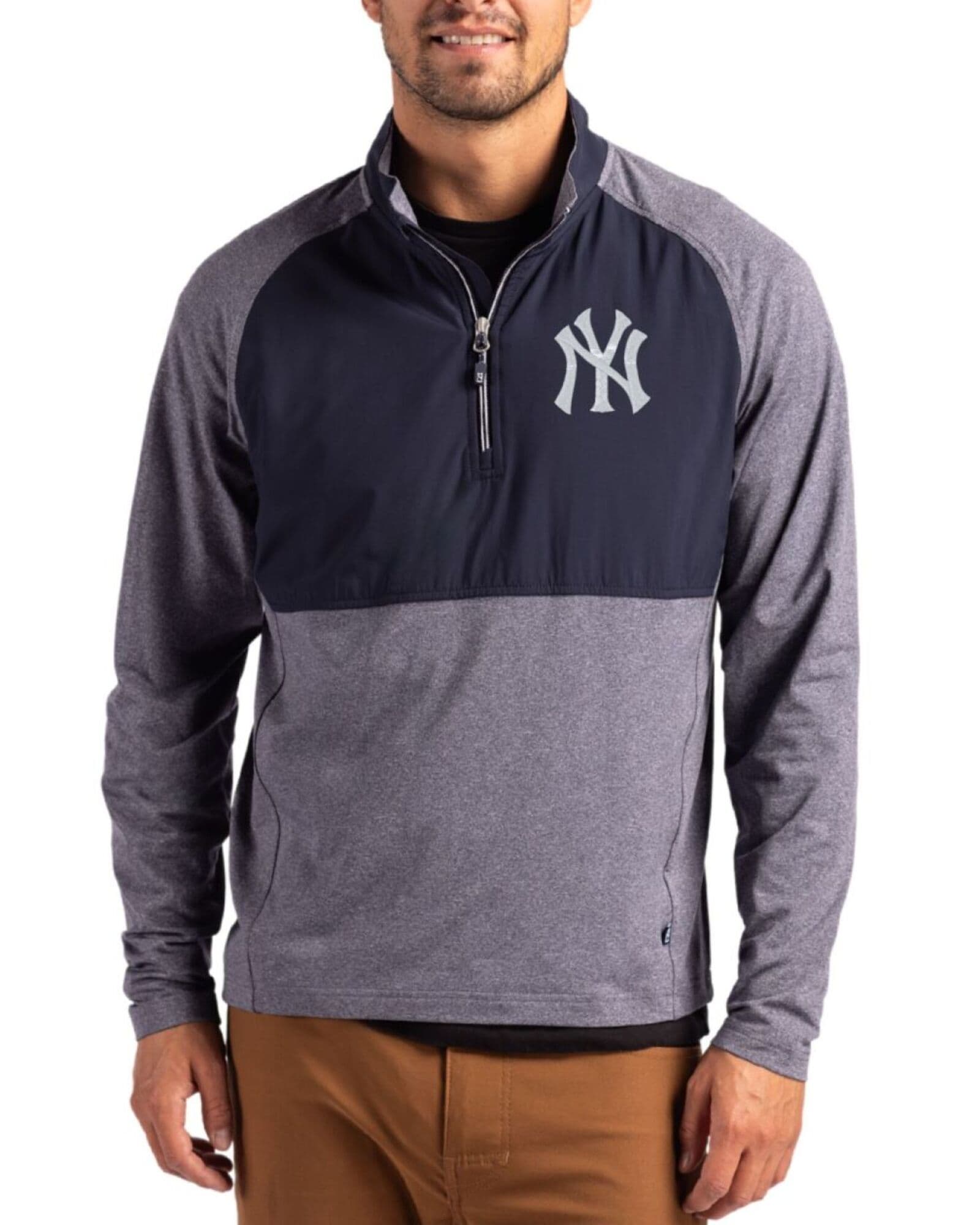 Men's New York Yankees Cutter & Buck Navy Blue Heather/Navy Blue Adapt Soft Knit Stretch Hybrid Quarter Zip Pullover