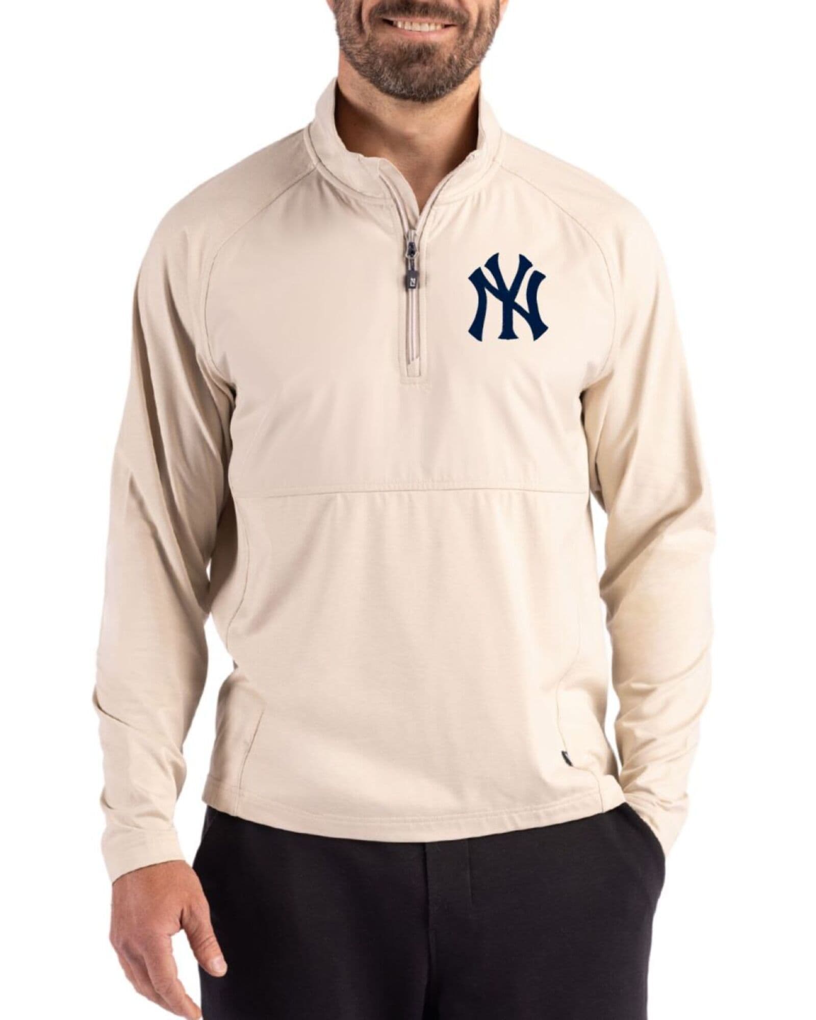 Men's New York Yankees Cutter & Buck Wheat Heather Adapt Soft Knit Stretch Hybrid Quarter Zip Pullover