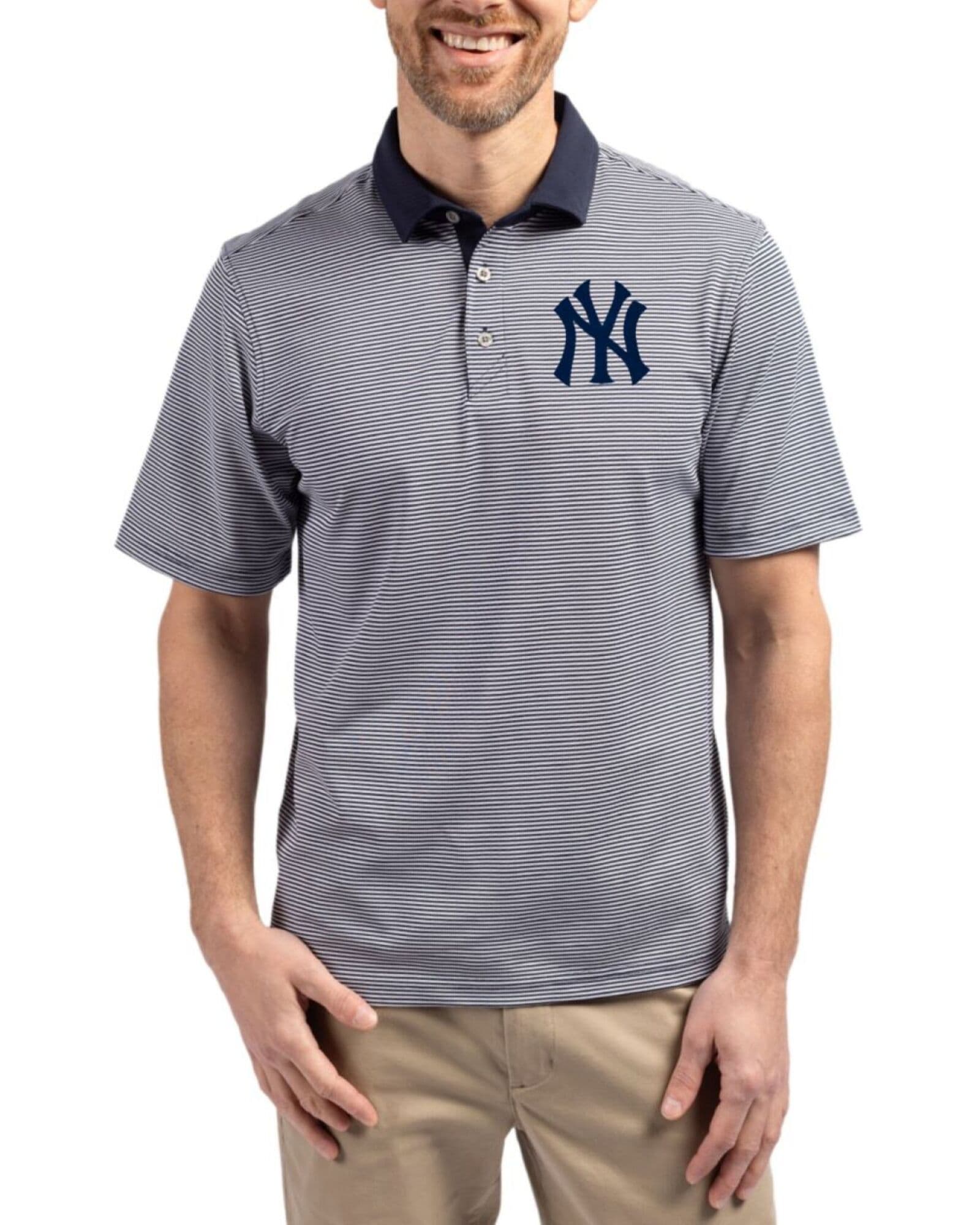 Men's New York Yankees Cutter & Buck Navy Blue/White Virtue Micro Stripe Featherlight Pique Polo