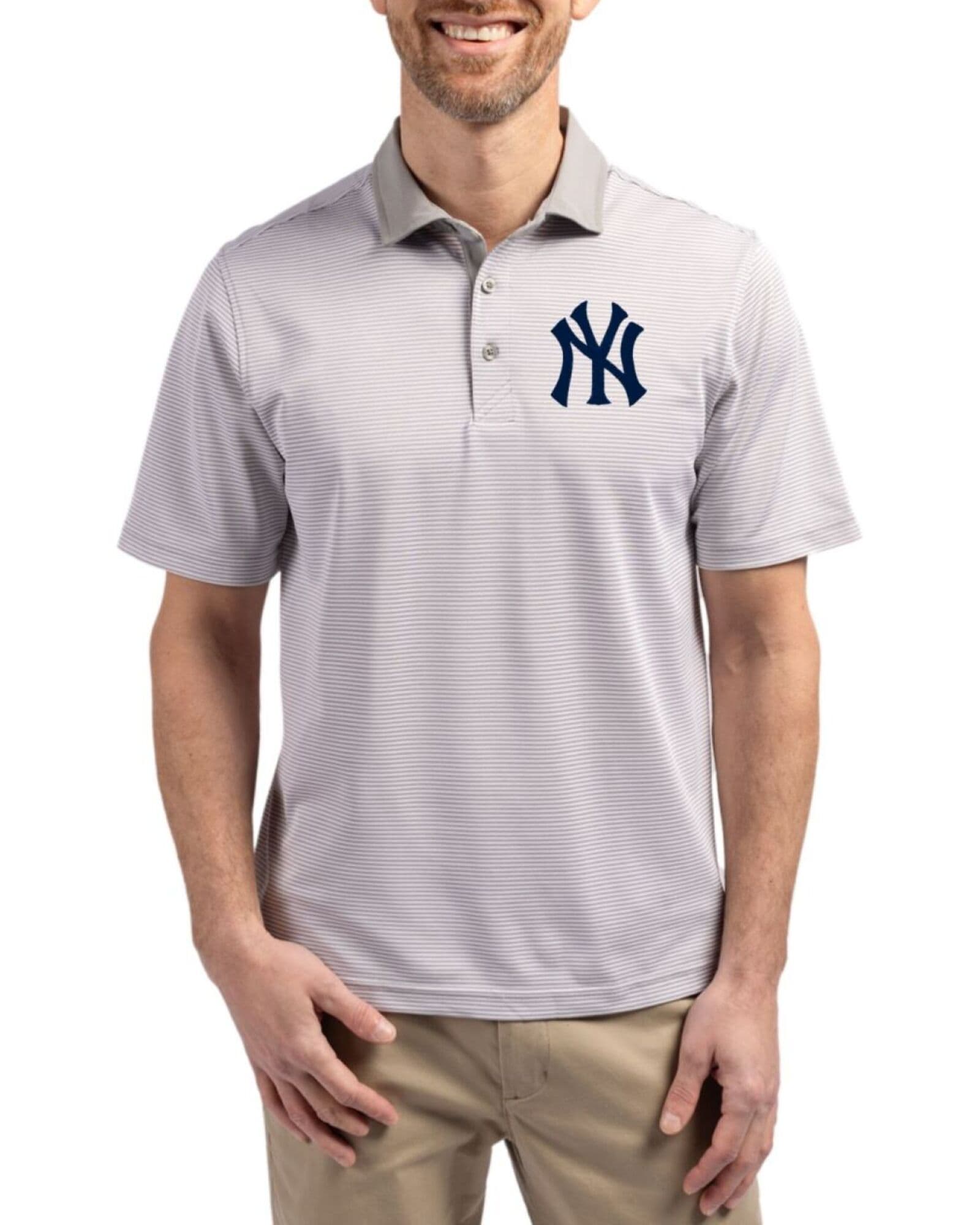 Men's New York Yankees Cutter & Buck Polished/White Virtue Micro Stripe Featherlight Pique Polo