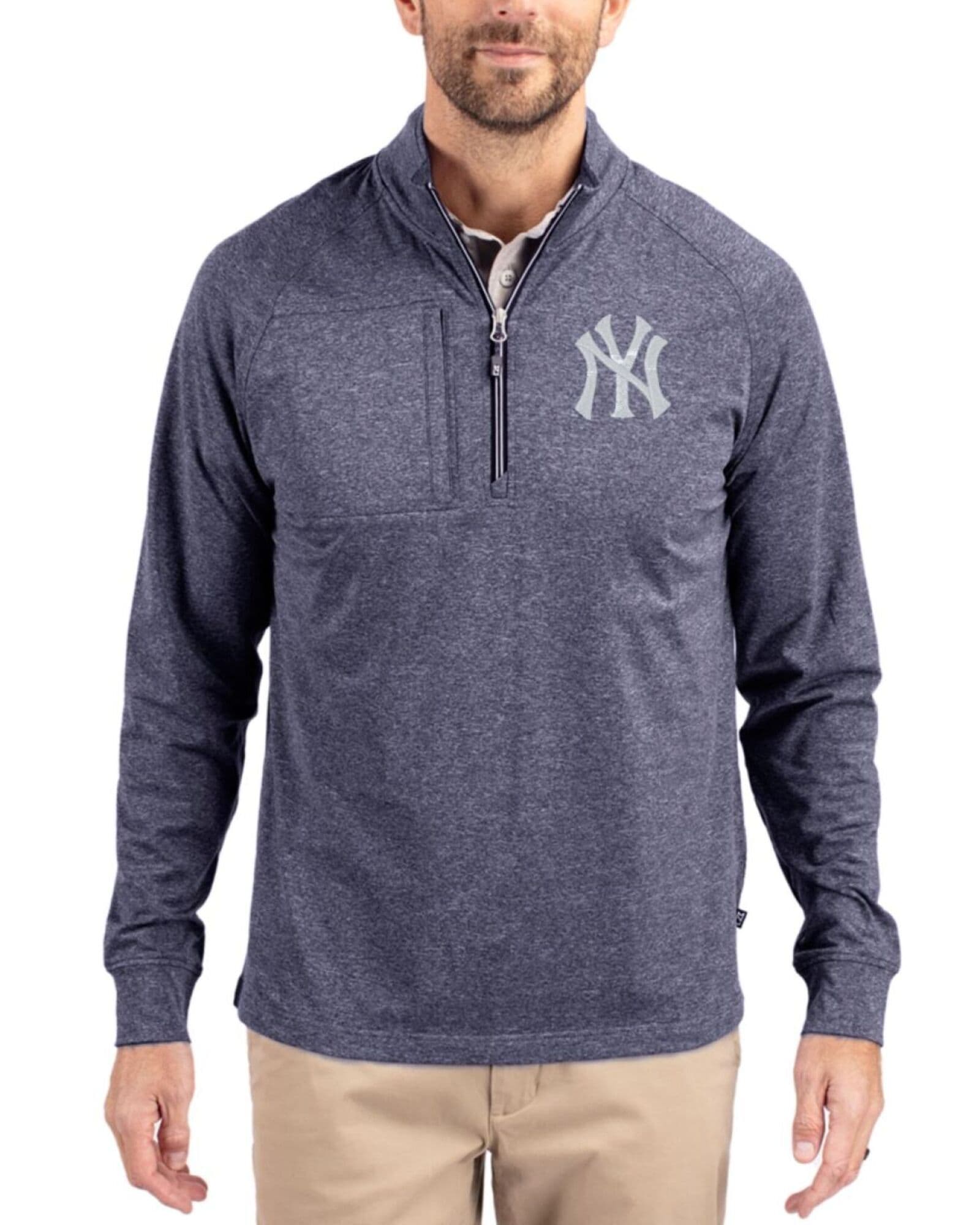 Men's New York Yankees Cutter & Buck Navy Blue Heather Adapt Soft Knit Stretch Heathered Quarter Zip Pullover