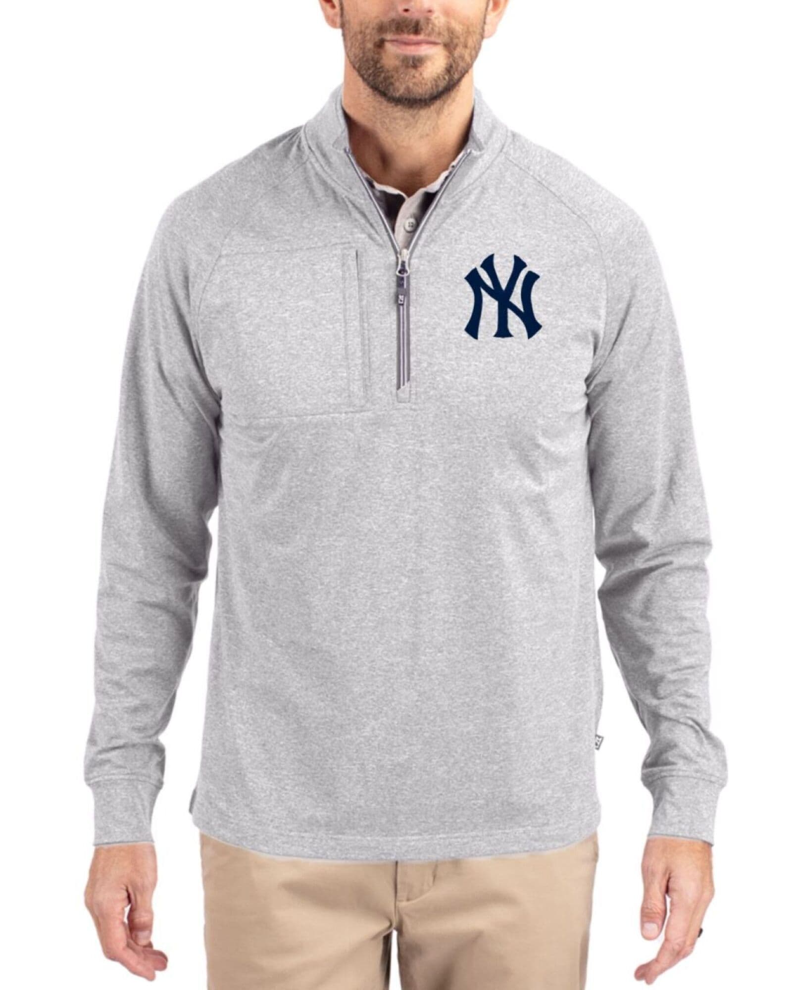 Men's New York Yankees Cutter & Buck Polished Heather Adapt Soft Knit Stretch Heathered Quarter Zip Pullover