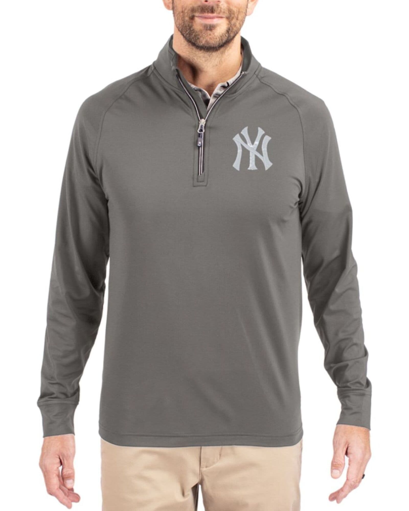 Men's New York Yankees Cutter & Buck Elemental Grey Adapt Soft Knit Stretch Quarter Zip Pullover