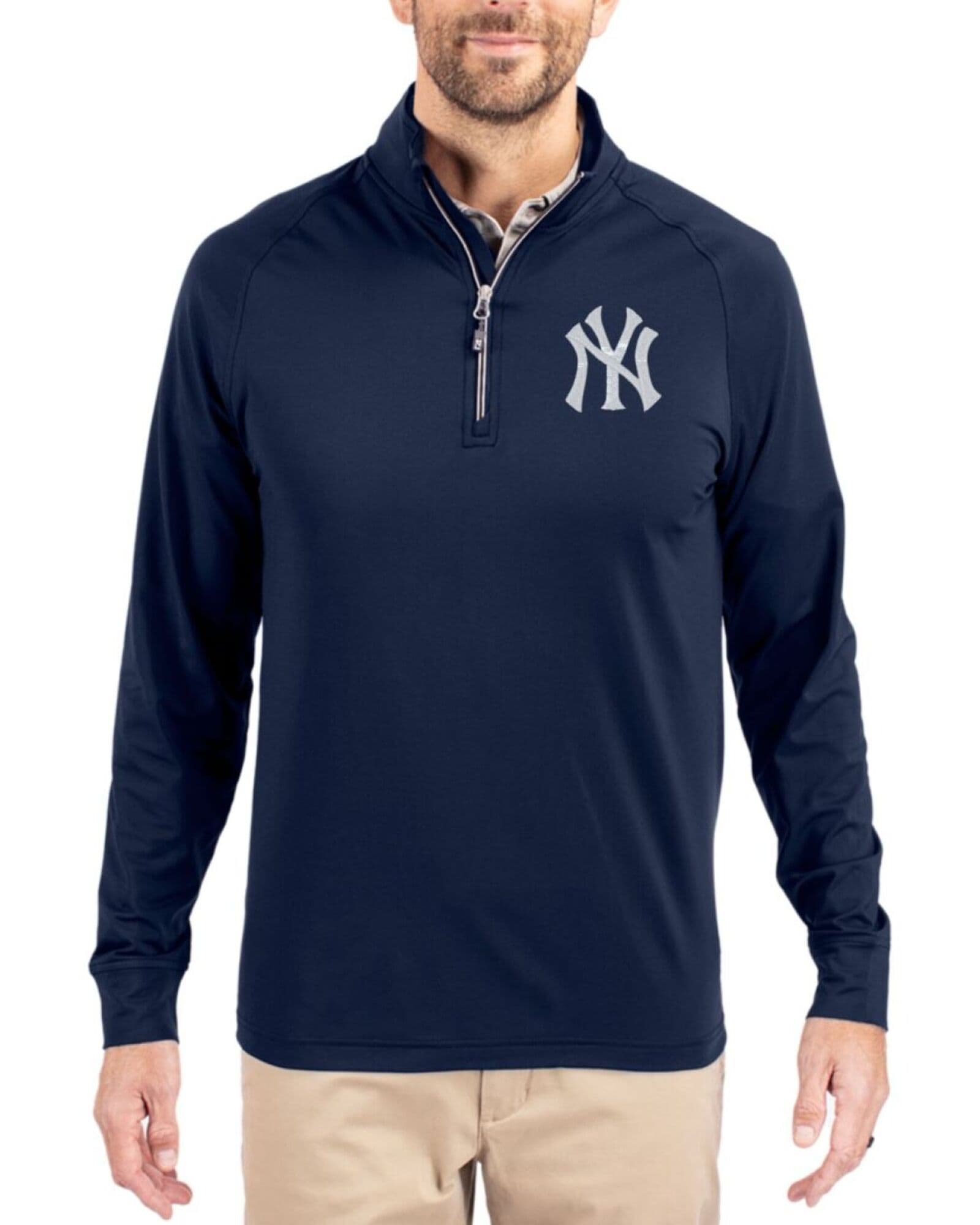 Men's New York Yankees Cutter & Buck Navy Blue Adapt Soft Knit Stretch Quarter Zip Pullover