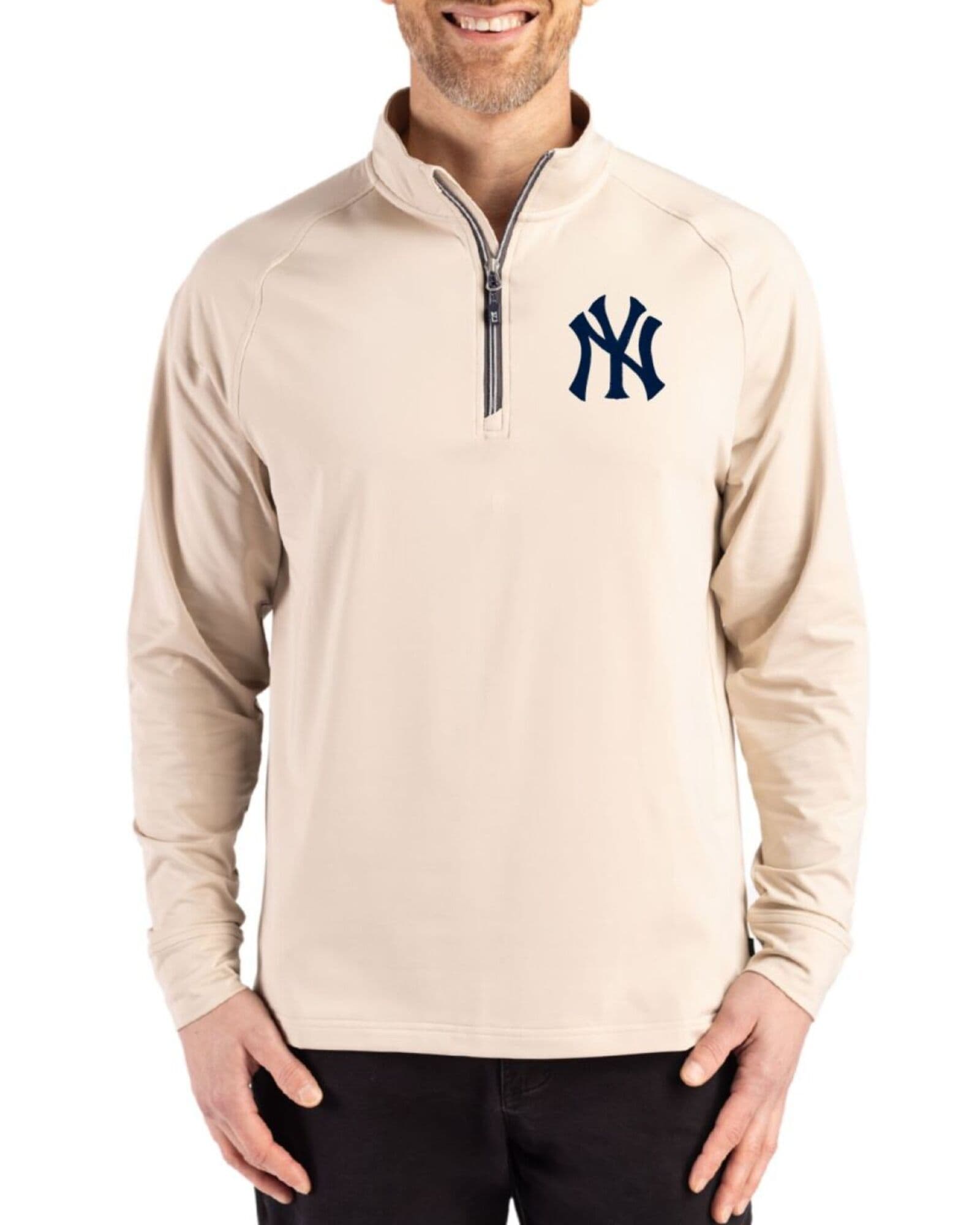 Men's New York Yankees Cutter & Buck Wheat Adapt Soft Knit Stretch Quarter Zip Pullover