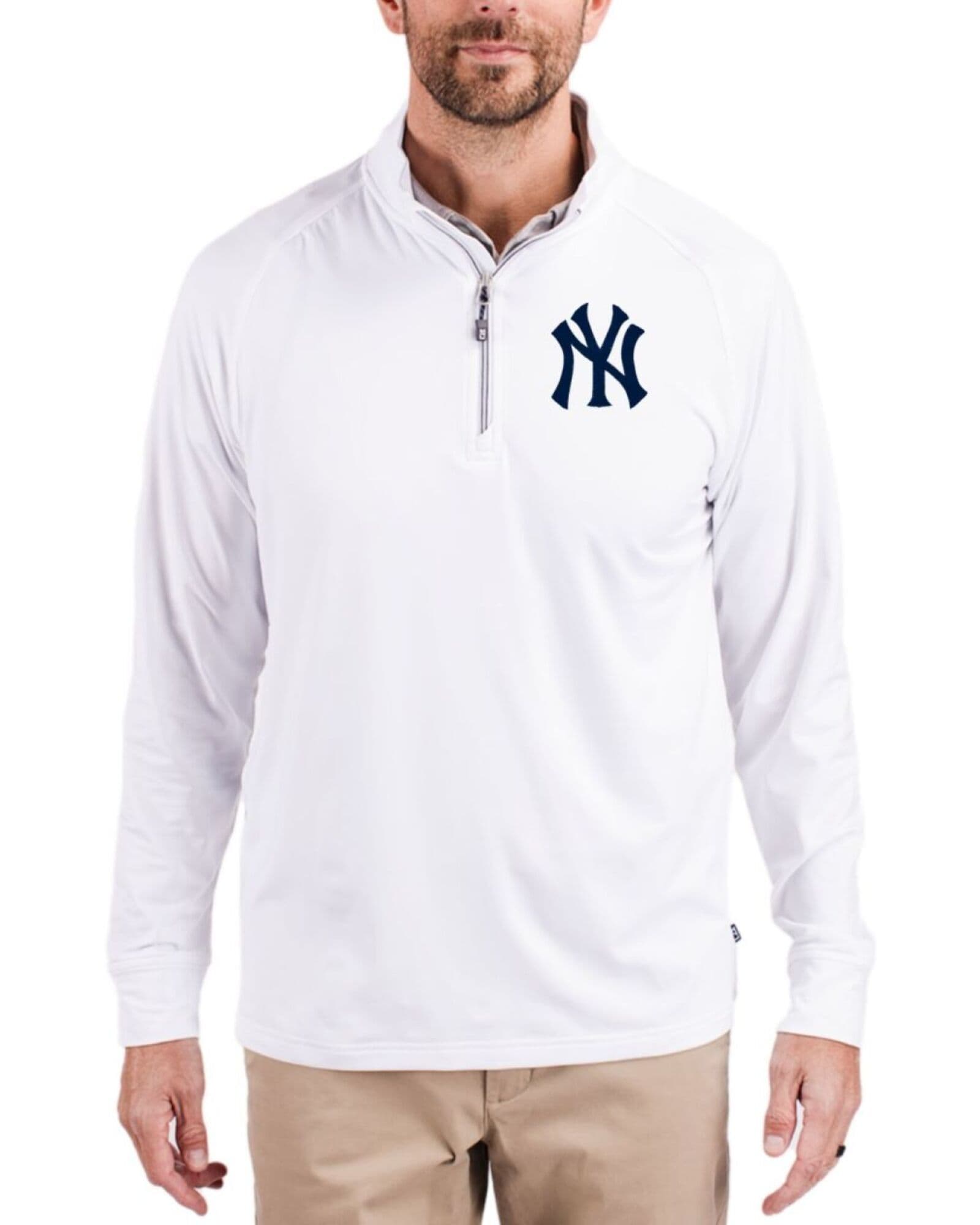 Men's New York Yankees Cutter & Buck White Adapt Soft Knit Stretch Quarter Zip Pullover
