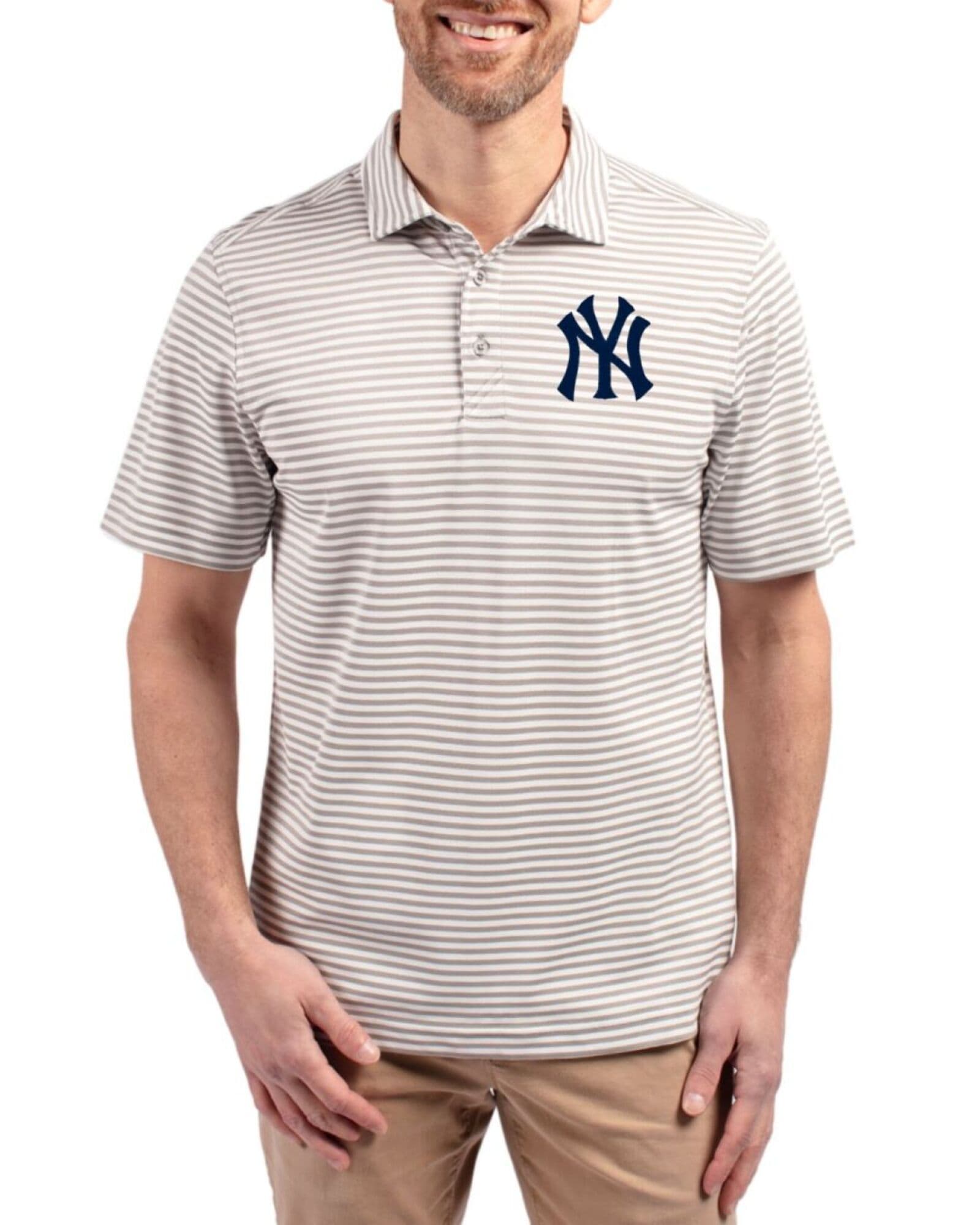 Men's New York Yankees Cutter & Buck Polished Virtue Stripe Featherlight Pique Polo