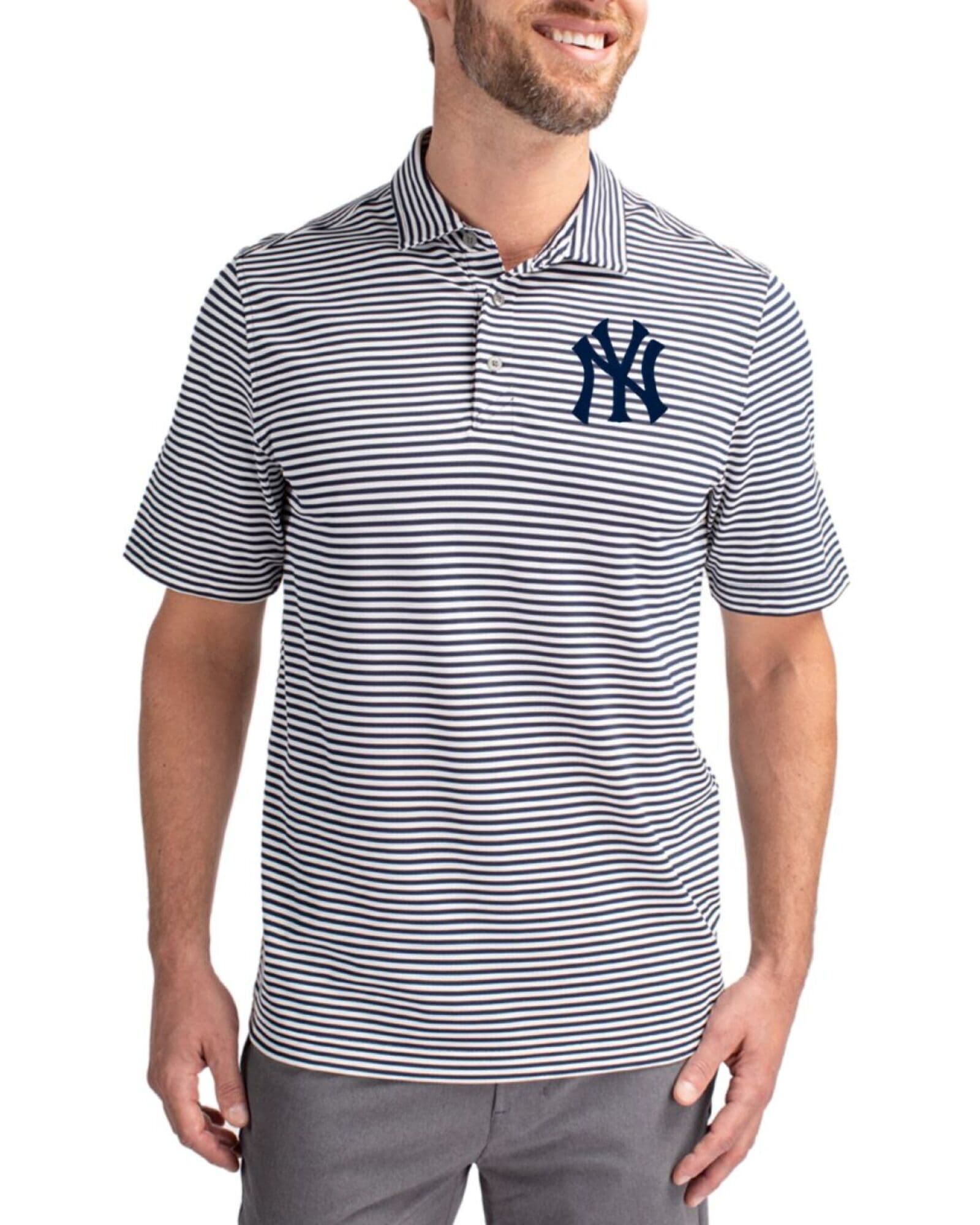Men's New York Yankees Cutter & Buck Navy Blue Virtue Stripe Featherlight Pique Polo