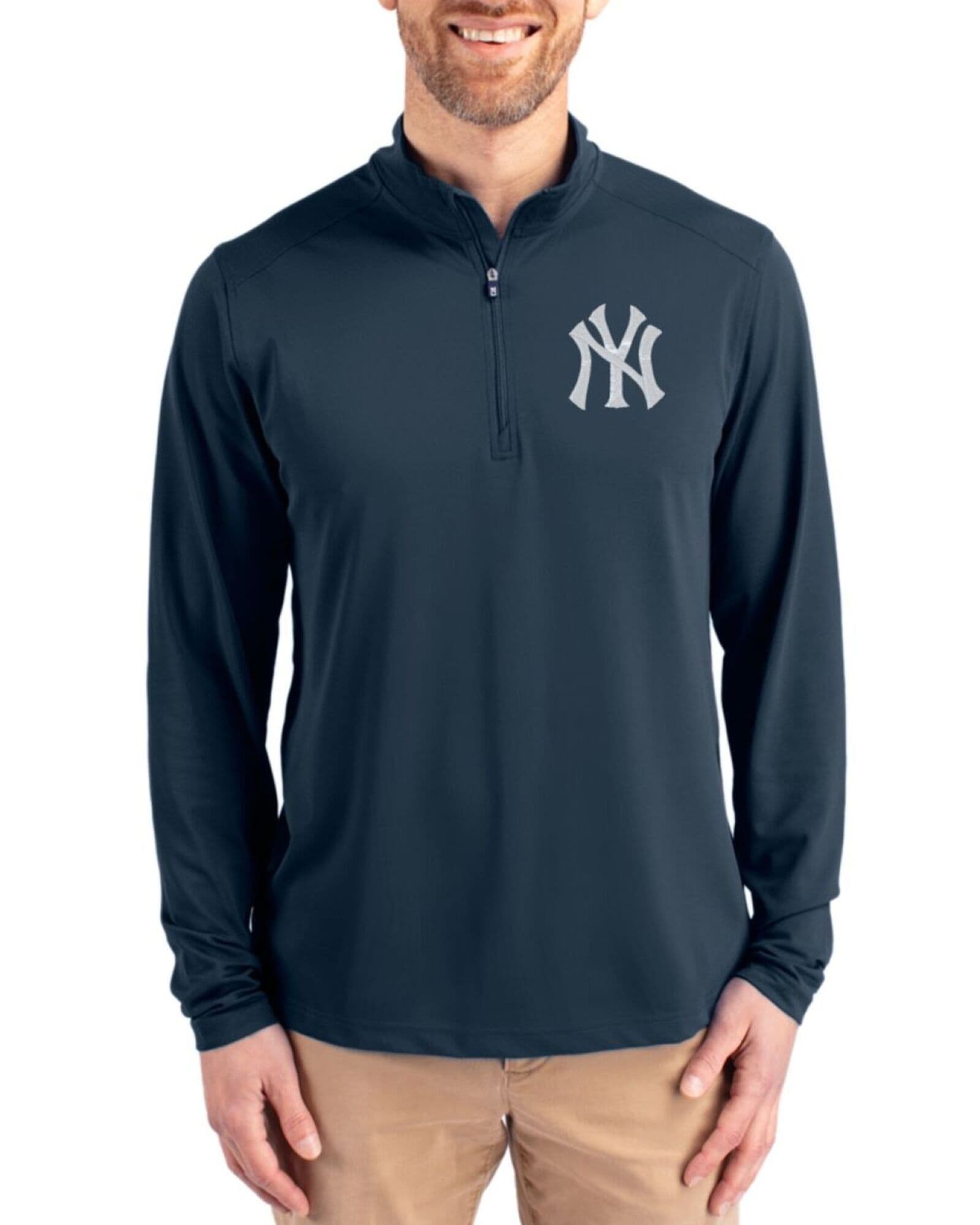Men's New York Yankees Cutter & Buck Navy Blue Virtue Featherlight Pique Quarter Zip Pullover