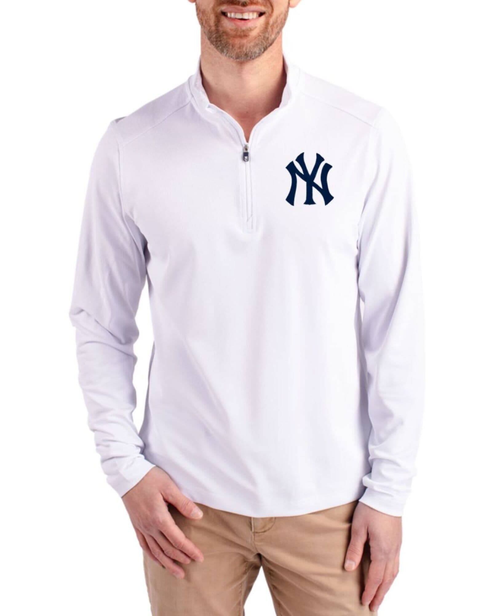 Men's New York Yankees Cutter & Buck White Virtue Featherlight Pique Quarter Zip Pullover