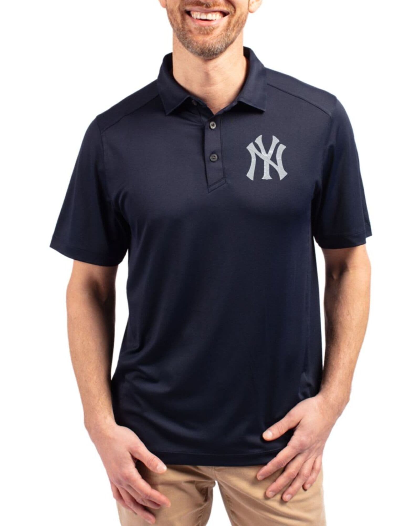 Men's New York Yankees Cutter & Buck Navy Blue Forge Four-Way Stretch Polo