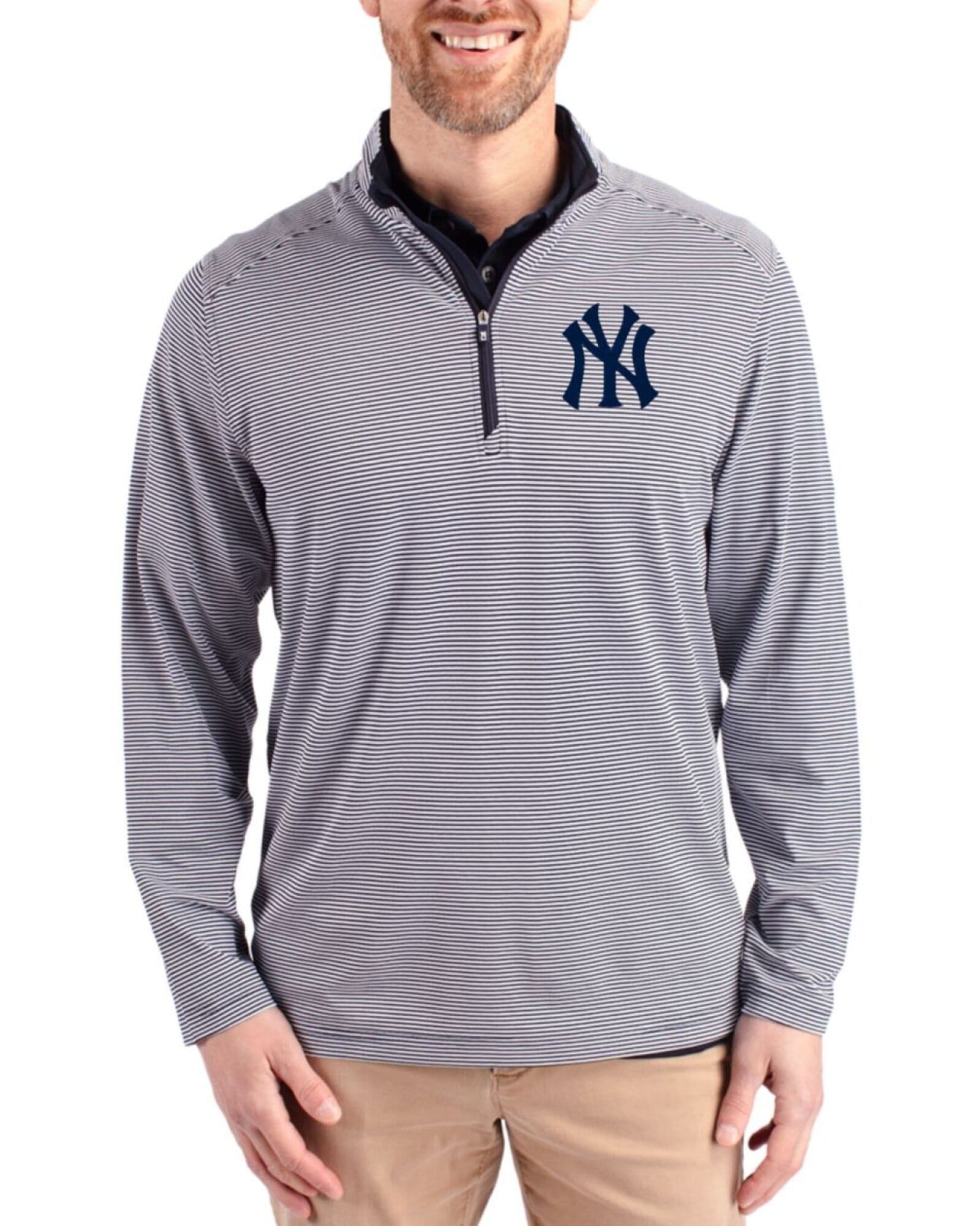 Men's New York Yankees Cutter & Buck Navy Blue/White Virtue Micro Stripe Featherlight Pique Quarter Zip Pullover