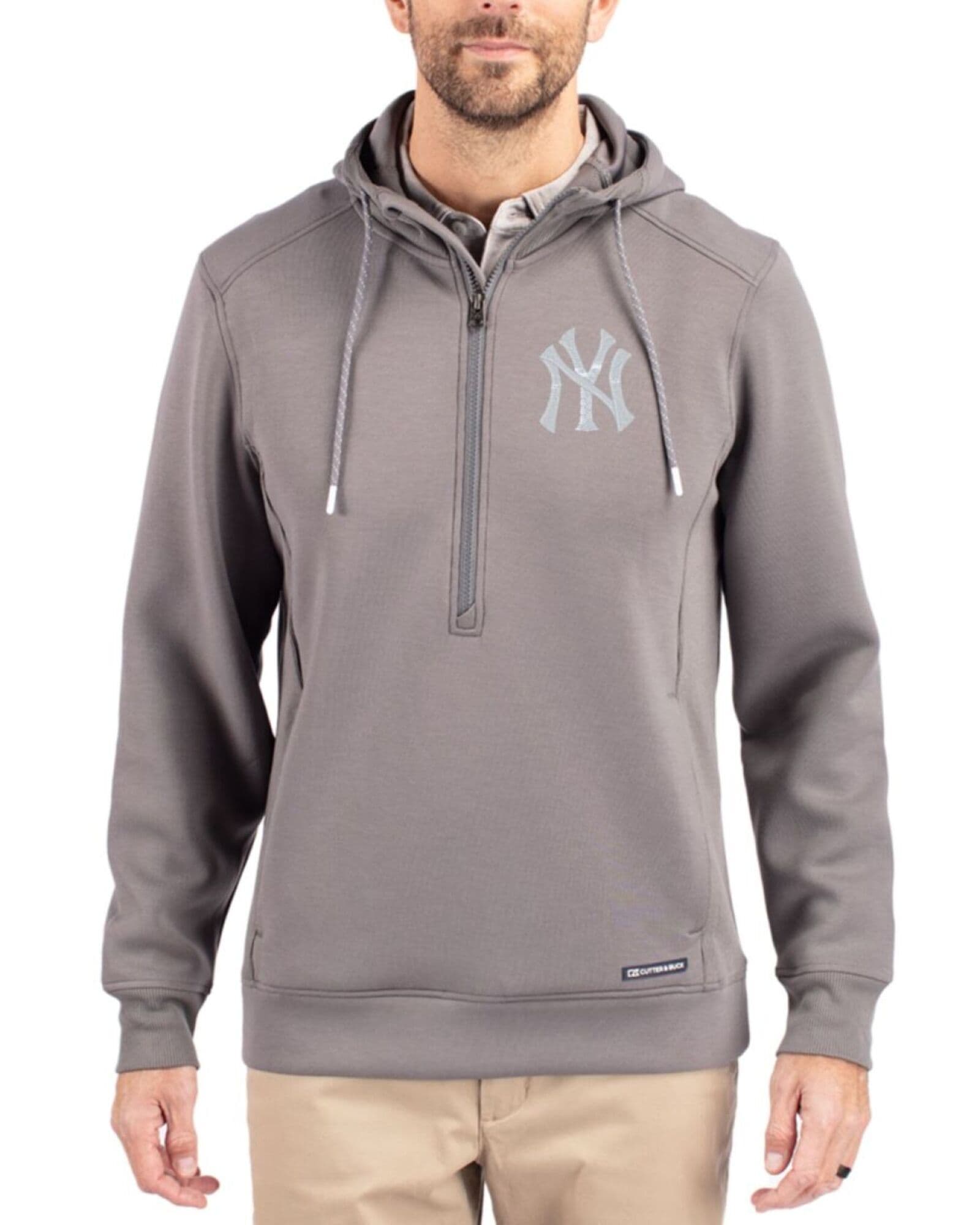 Men's New York Yankees Cutter & Buck Elemental Grey Roam Buttery-Soft Knit Half Zip Hooded Pullover