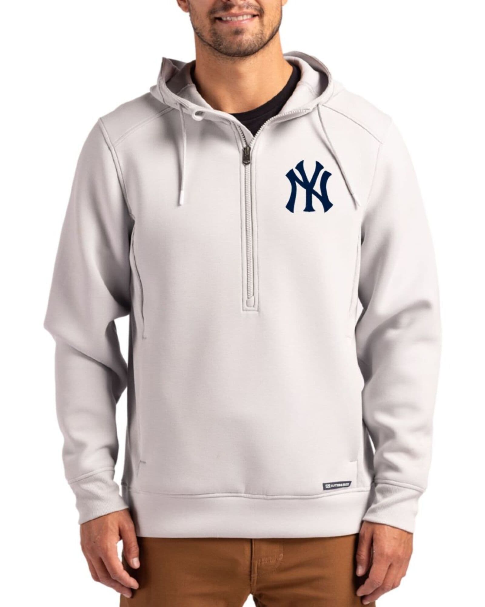 Men's New York Yankees Cutter & Buck Solitare Roam Buttery-Soft Knit Half Zip Hooded Pullover
