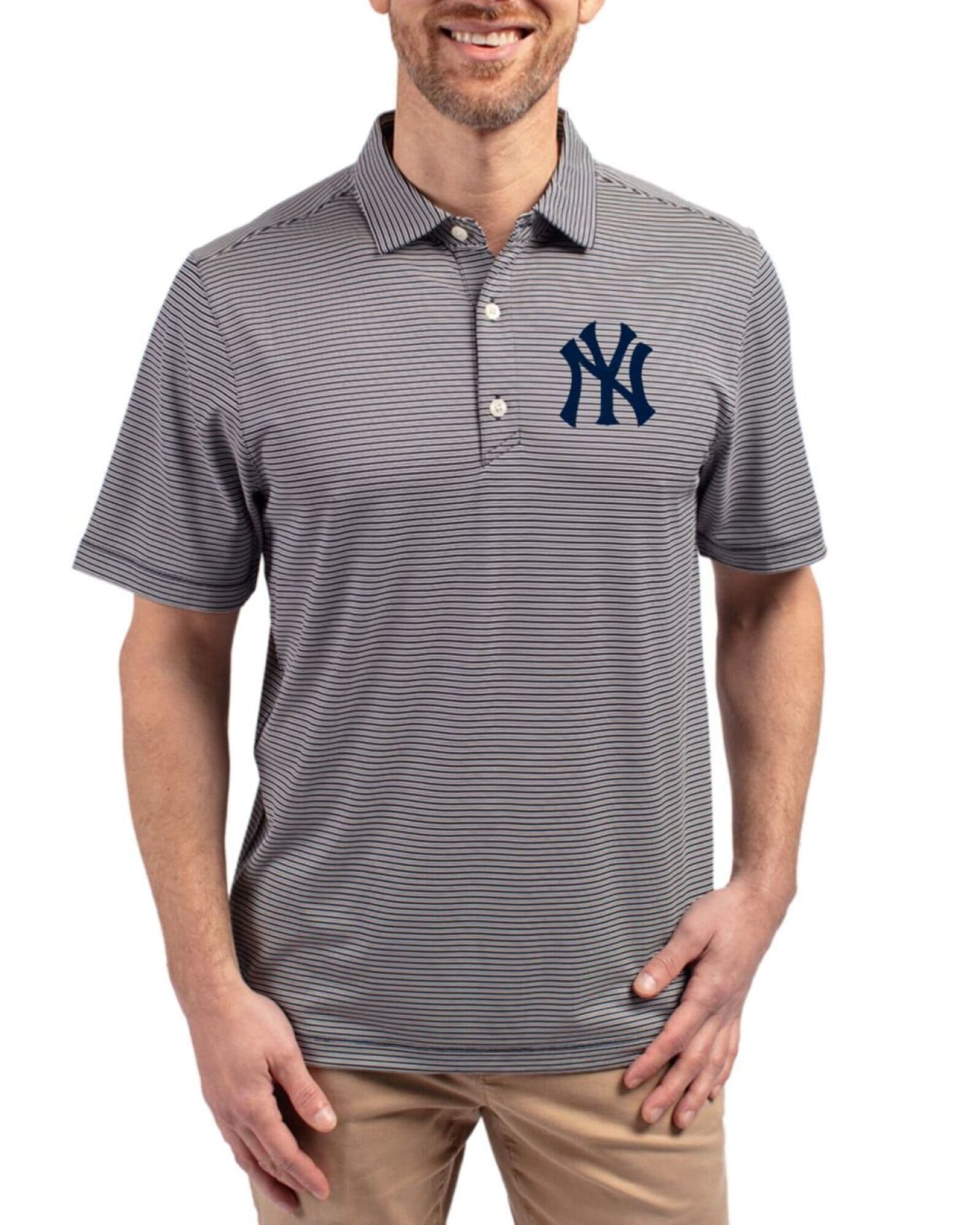 Men's New York Yankees Cutter & Buck Navy Blue/White Forge Double Stripe Four-Way Stretch Polo