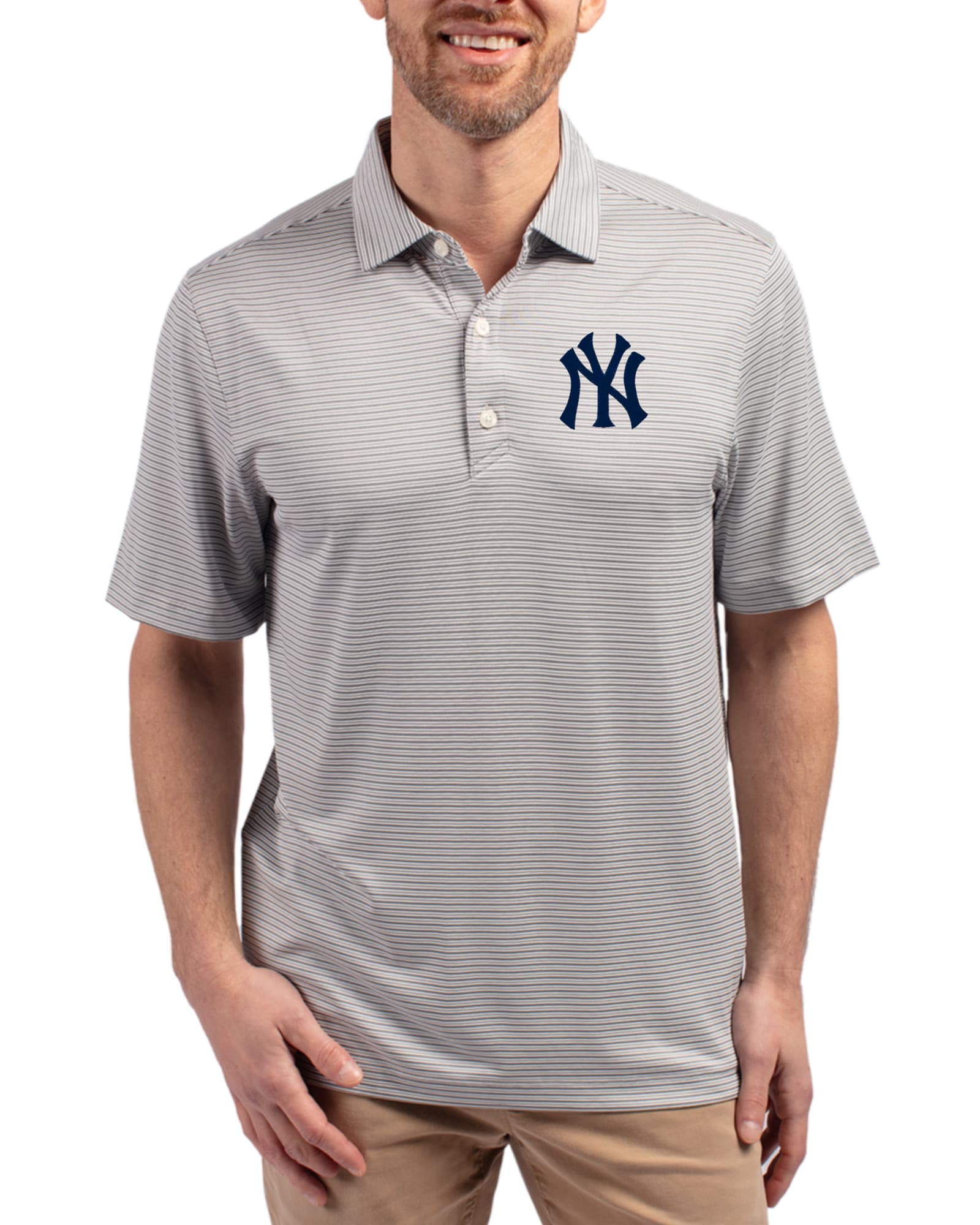 Men's New York Yankees Cutter & Buck Polished/White Forge Double Stripe Four-Way Stretch Polo