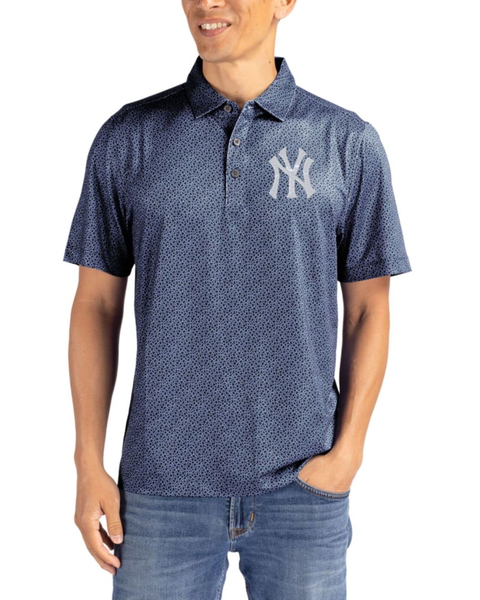 Men's New York Yankees Cutter & Buck Navy Blue/White Pike Pebble Print Polo
