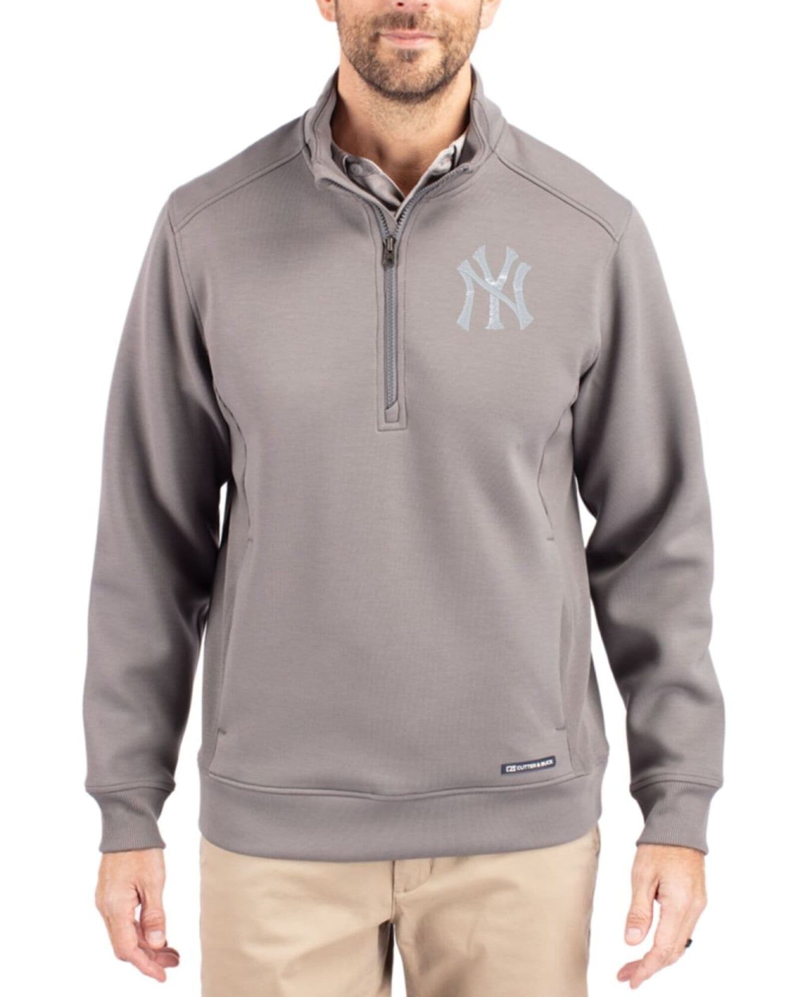 Men's New York Yankees Cutter & Buck Elemental Grey Roam Buttery-Soft Knit Quarter Zip Jacket