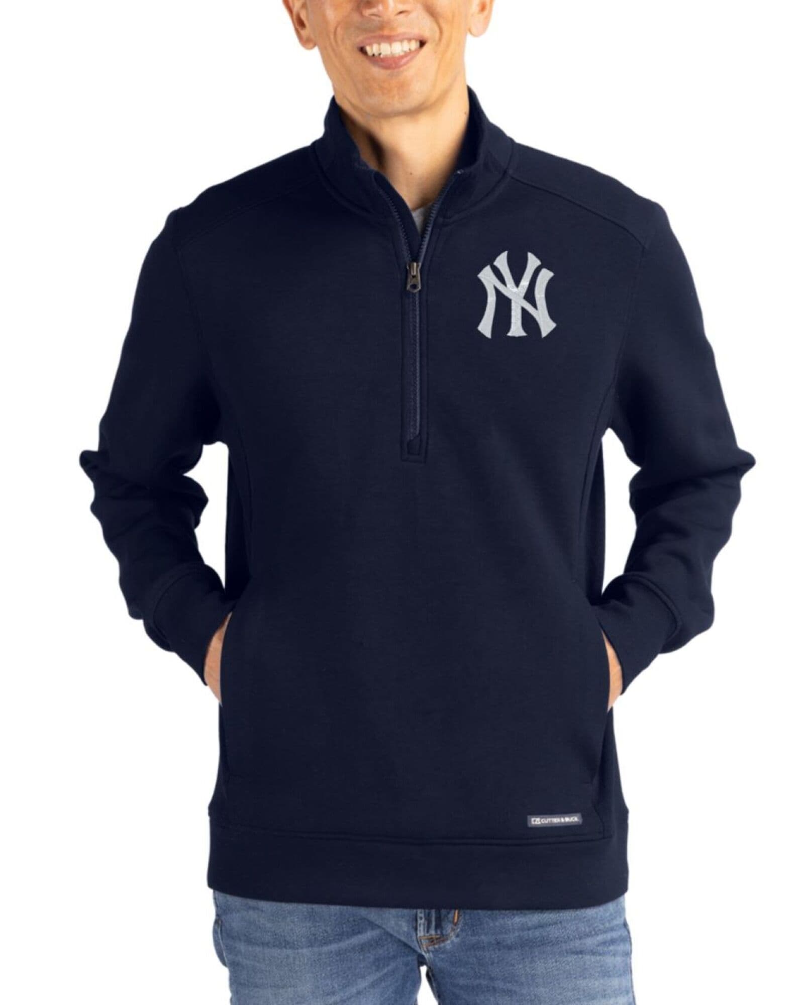 Men's New York Yankees Cutter & Buck Navy Blue Roam Buttery-Soft Knit Quarter Zip Jacket