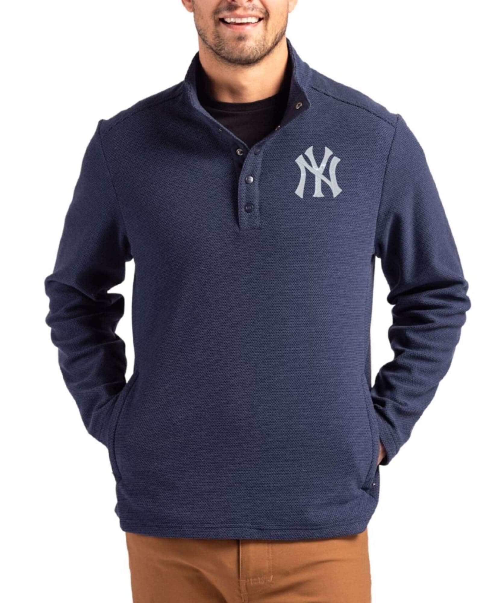 Men's New York Yankees Cutter & Buck Navy Blue Hunts Point Fleece Hybrid Snap Placket Pullover