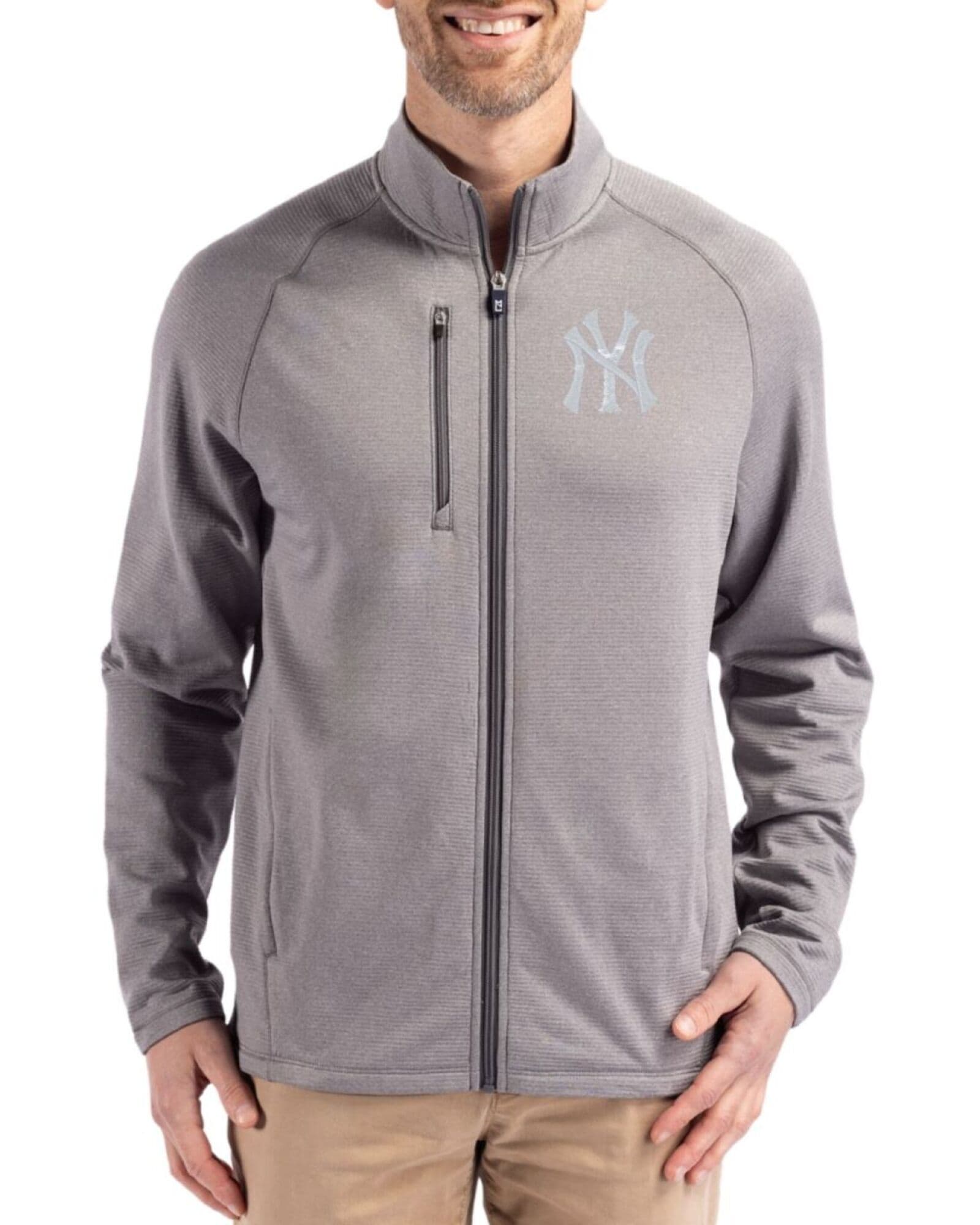 Men's New York Yankees Cutter & Buck Elemental Grey Heather Peshastin Epic Versatility Fleece Full Zip Jacket