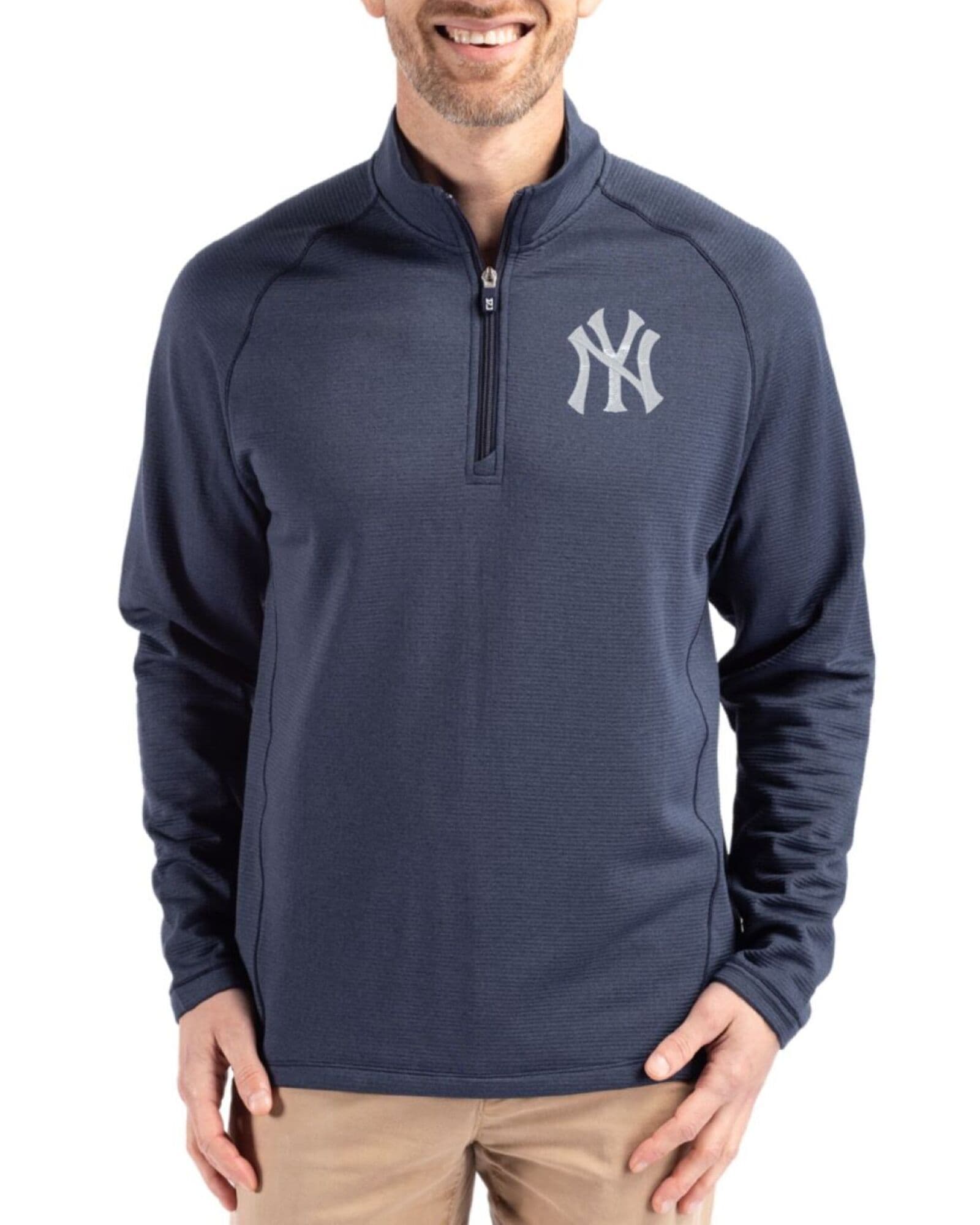 Men's New York Yankees Cutter & Buck Navy Blue Heather Peshastin Epic Versatility Fleece Half Zip