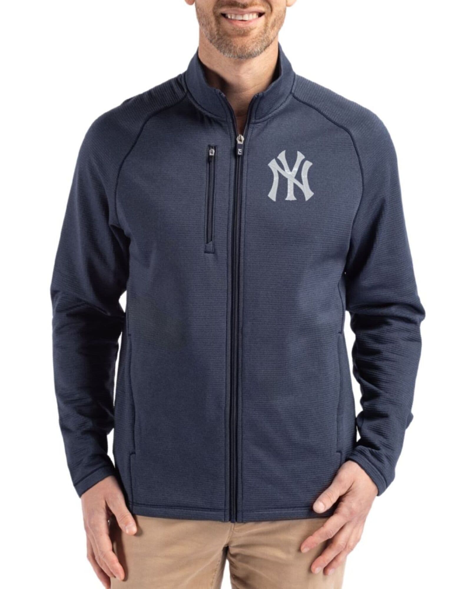Men's New York Yankees Cutter & Buck Navy Blue Heather Peshastin Epic Versatility Fleece Full Zip Jacket