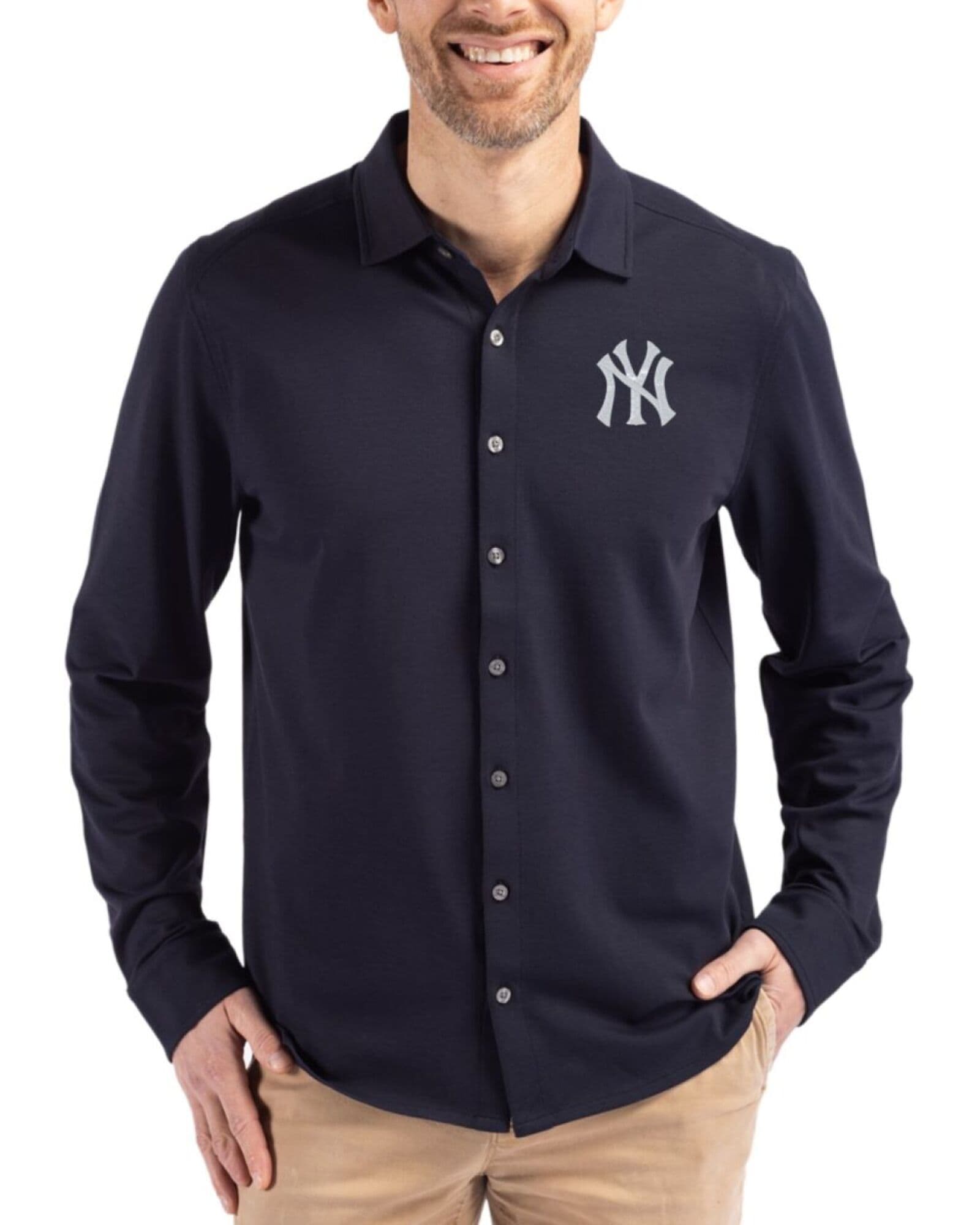 Men's New York Yankees Cutter & Buck Liberty Navy Advantage Epic Confidence Tri-Blend Pique Long Sleeve Button Down Shirt