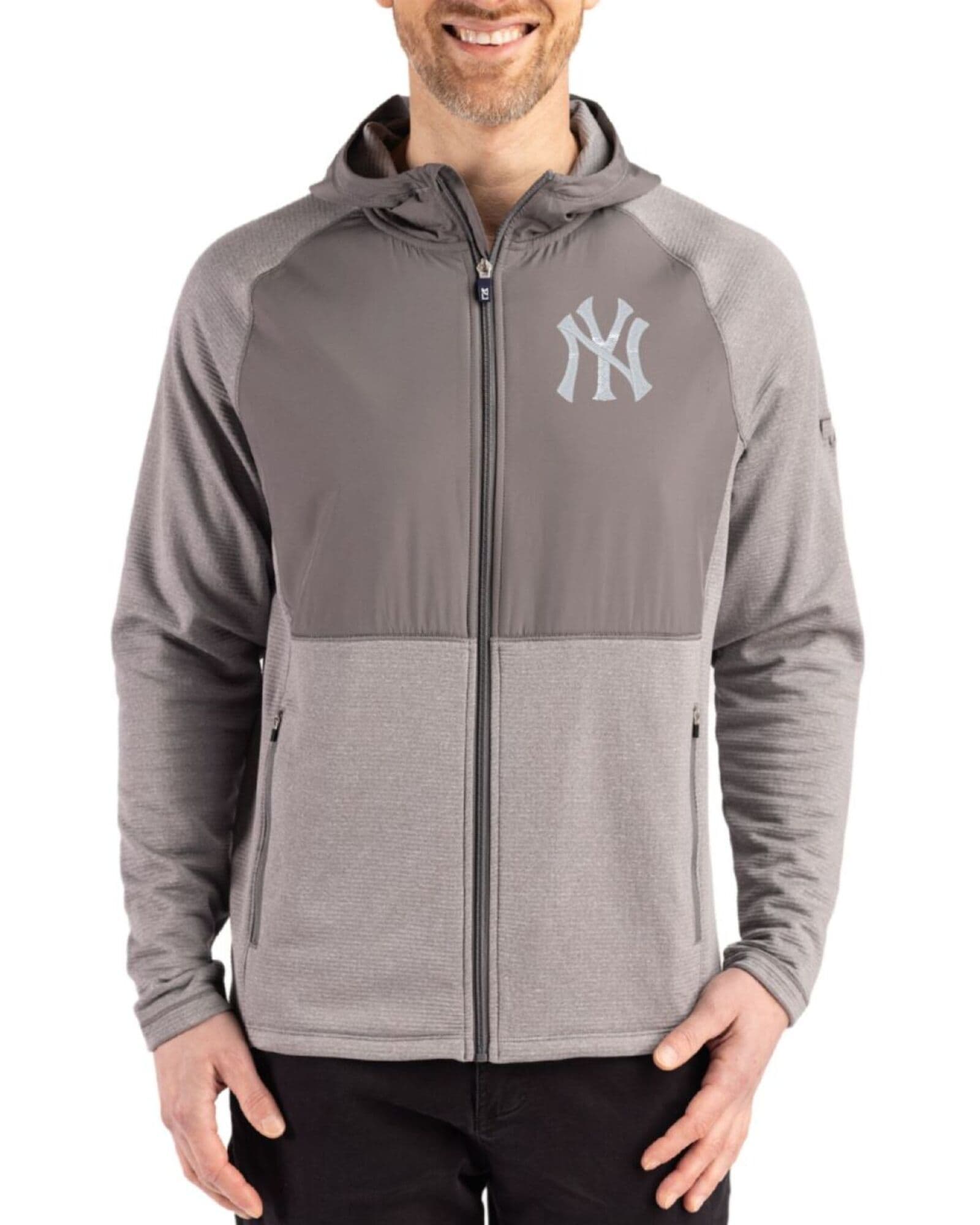 Men's New York Yankees Cutter & Buck Elemental Grey Heather Peshastin Epic Versatility Hybrid Fleece Full Zip Jacket
