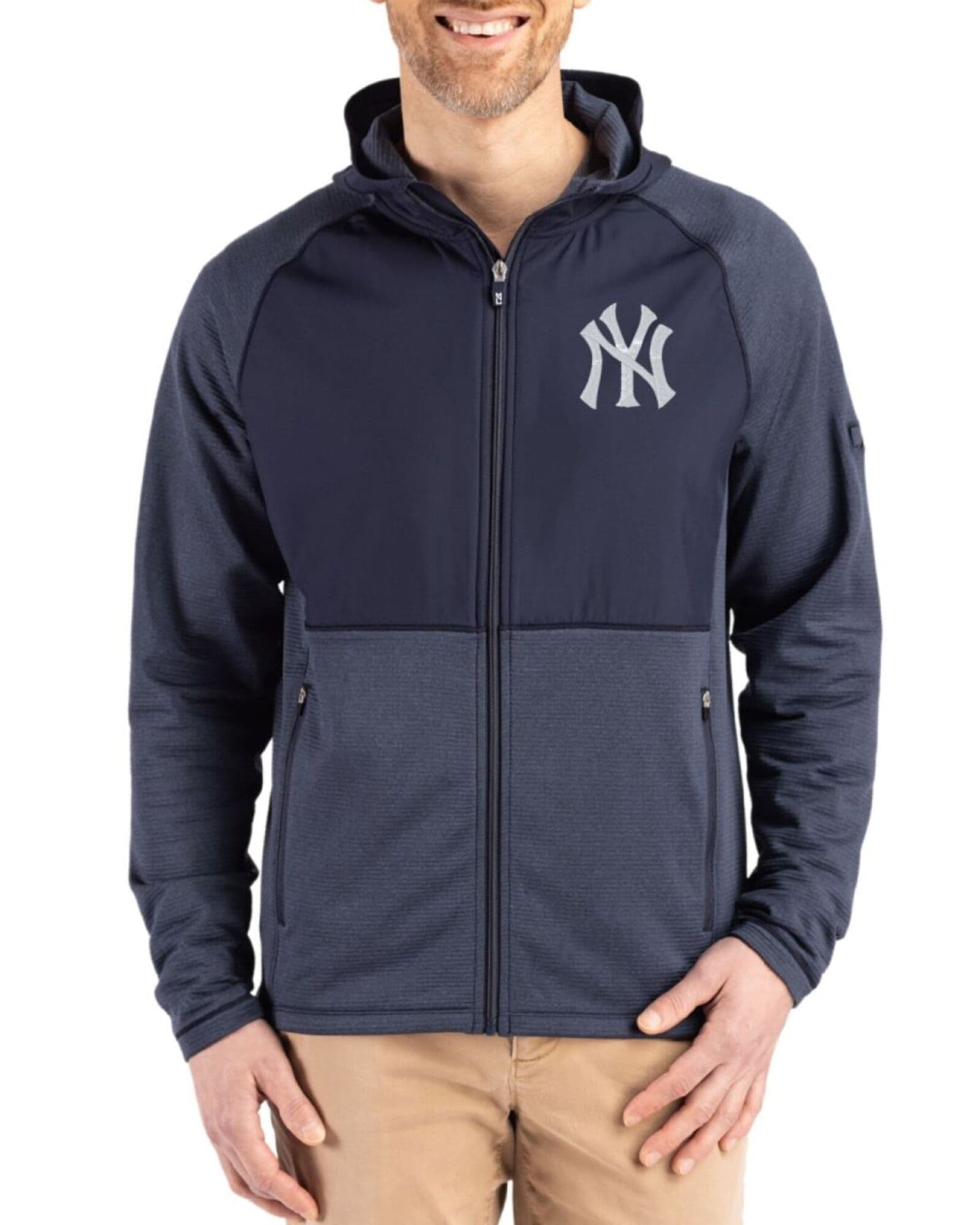 Men's New York Yankees Cutter & Buck Navy Blue Heather Peshastin Epic Versatility Hybrid Fleece Full Zip Jacket