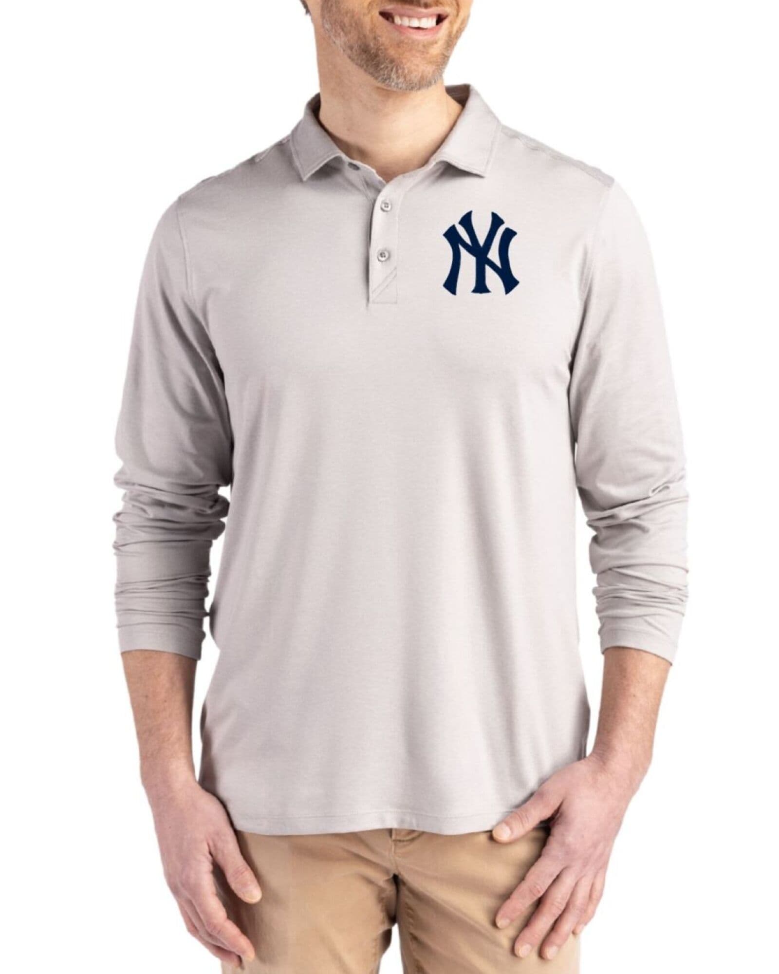 Men's New York Yankees Cutter & Buck Concrete Coastline Double Peached Long Sleeve Polo