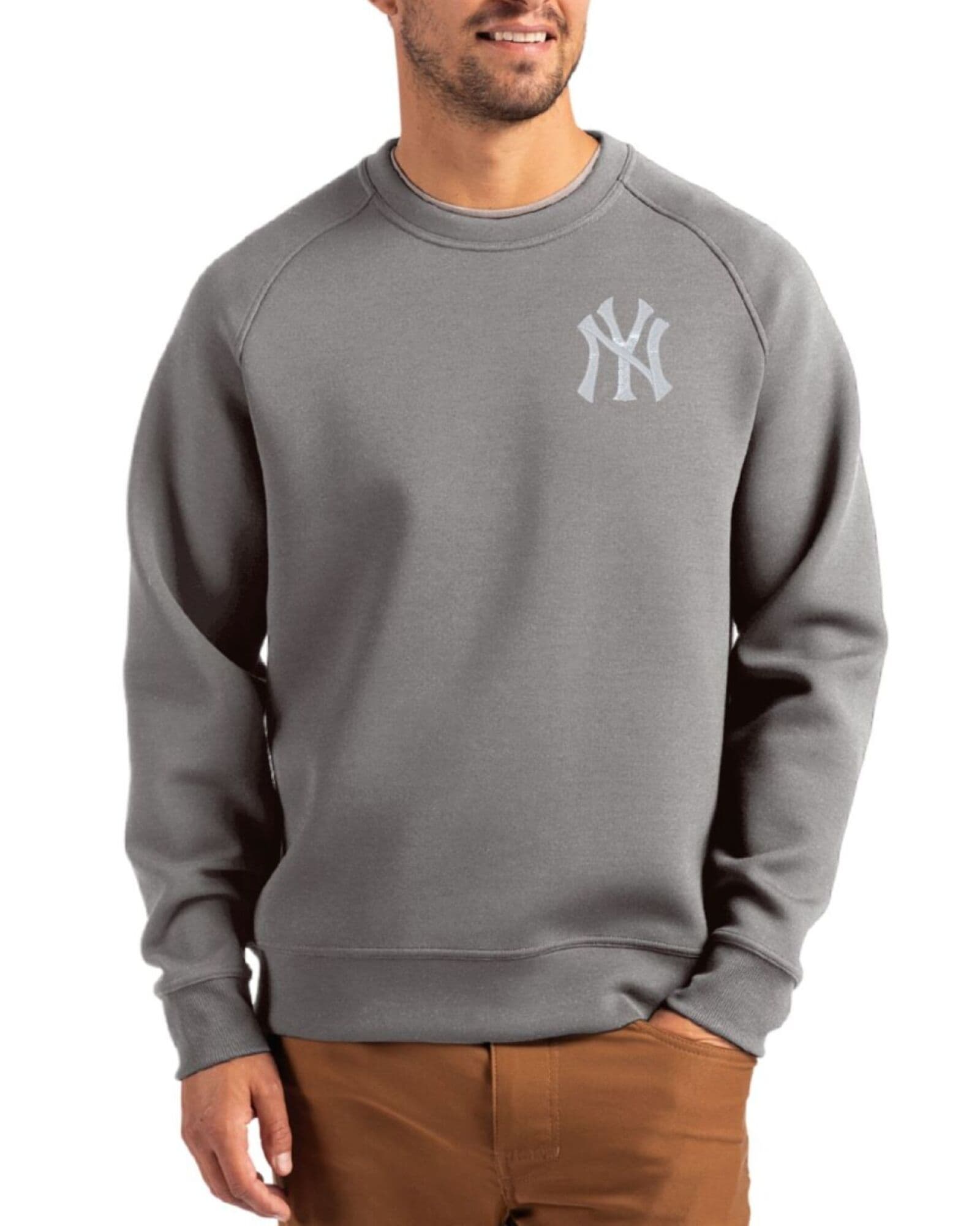 Men's New York Yankees Cutter & Buck Elemental Grey Roam Buttery-Soft Knit Crew Neck Pullover