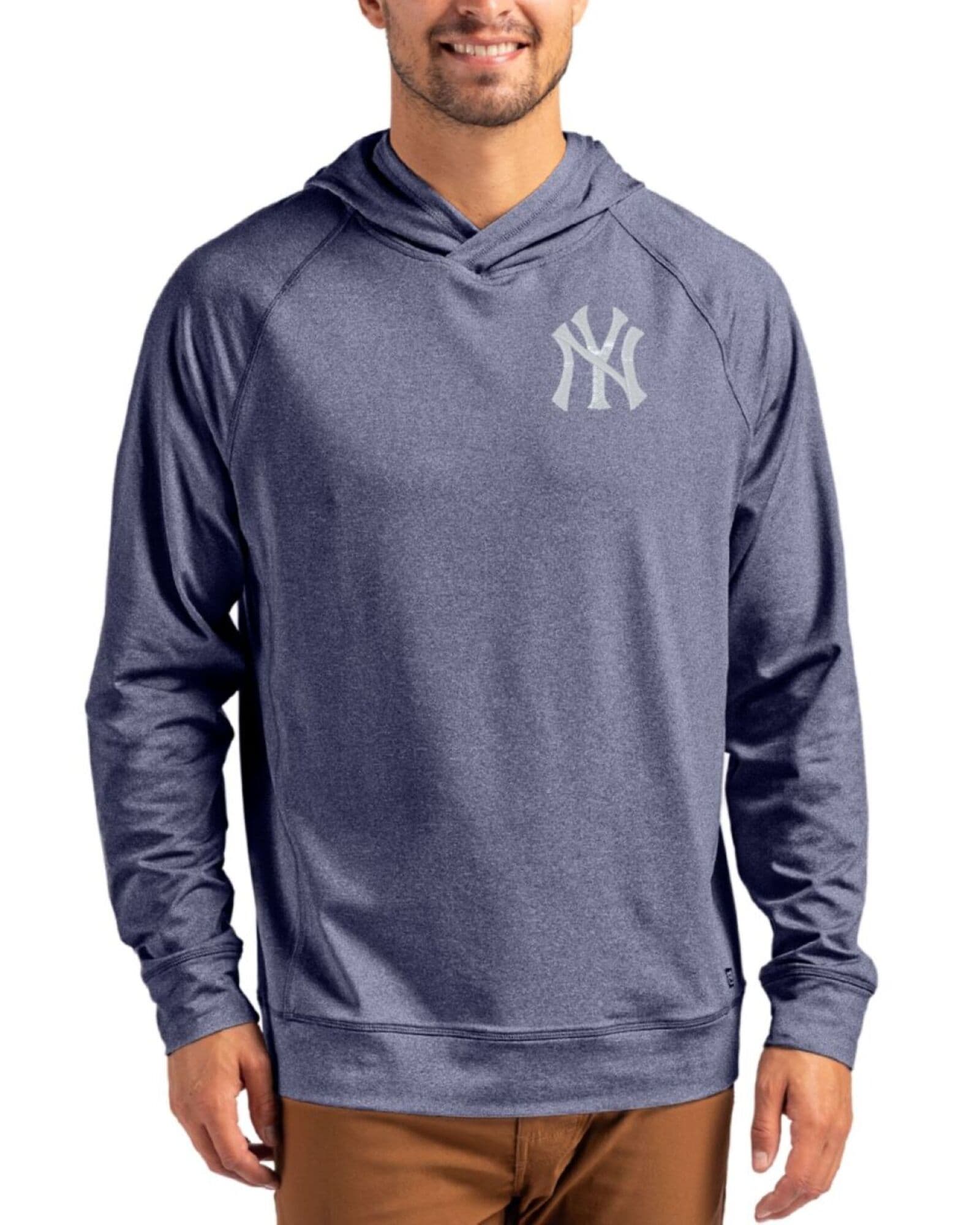 Men's New York Yankees Cutter & Buck Navy Blue Heather Adapt Soft Knit Stretch Heathered Hooded Pullover