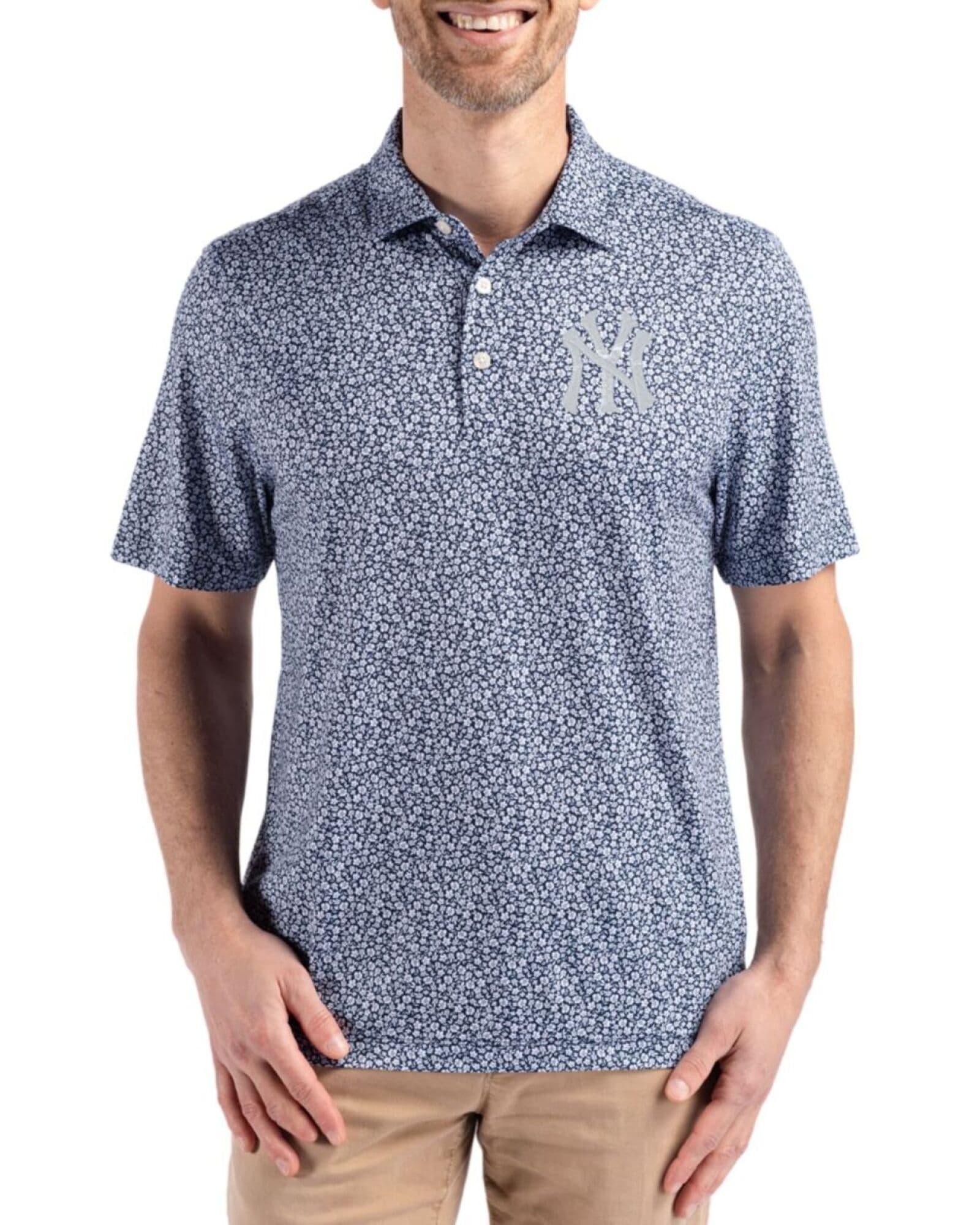 Men's New York Yankees Cutter & Buck Navy Blue Pike Flora Print Polo