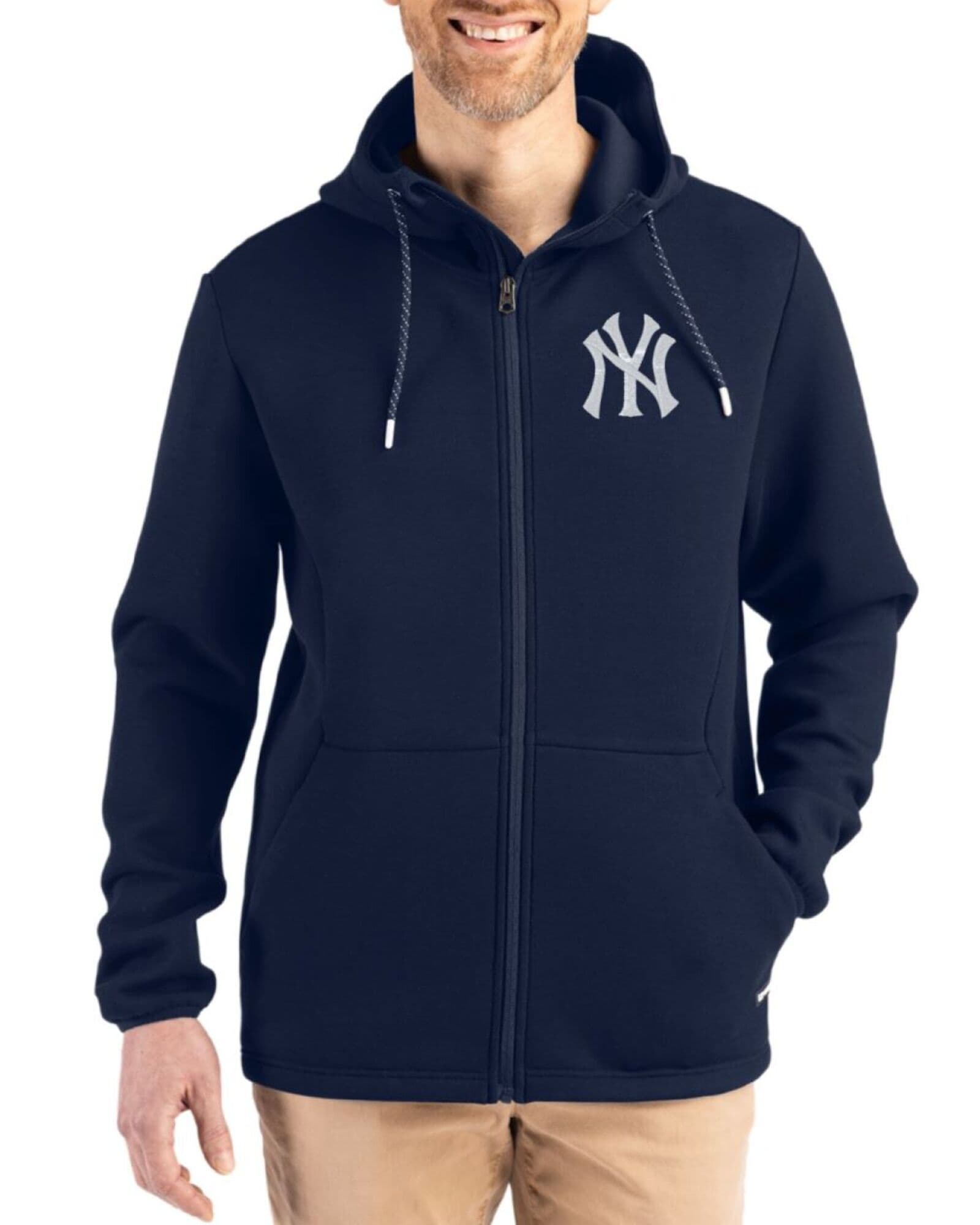 Men's New York Yankees Cutter & Buck Navy Blue Roam Buttery-Soft Knit Full Zip Hooded Jacket