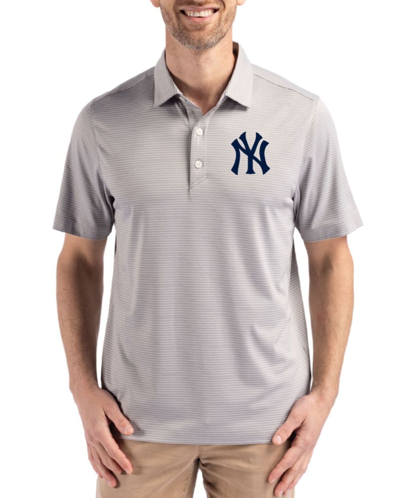 Men's New York Yankees Cutter & Buck Polished/White Forge Fine Line Stripe Four-Way Stretch Polo
