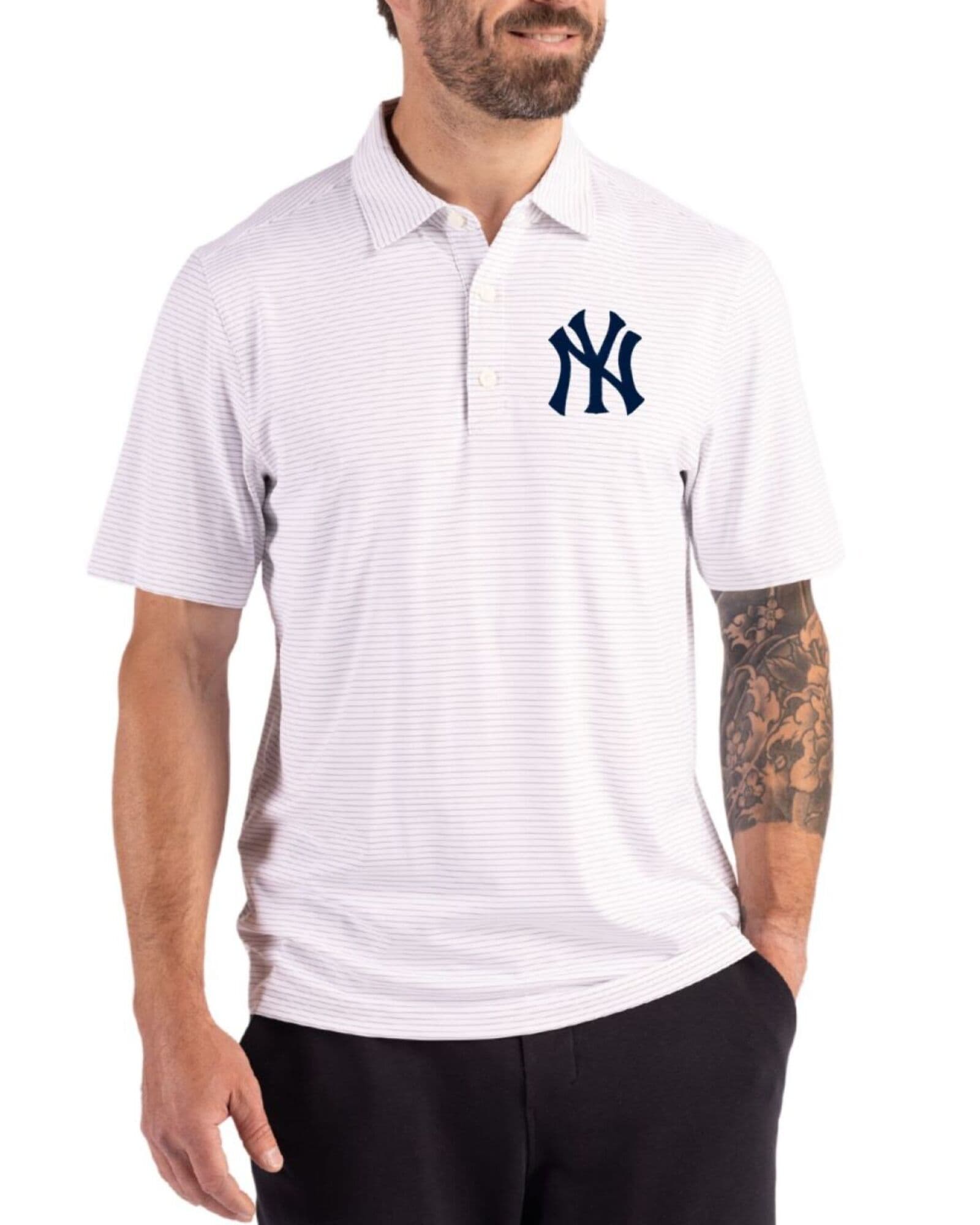 Men's New York Yankees Cutter & Buck White/Polished Forge Fine Line Stripe Four-Way Stretch Polo