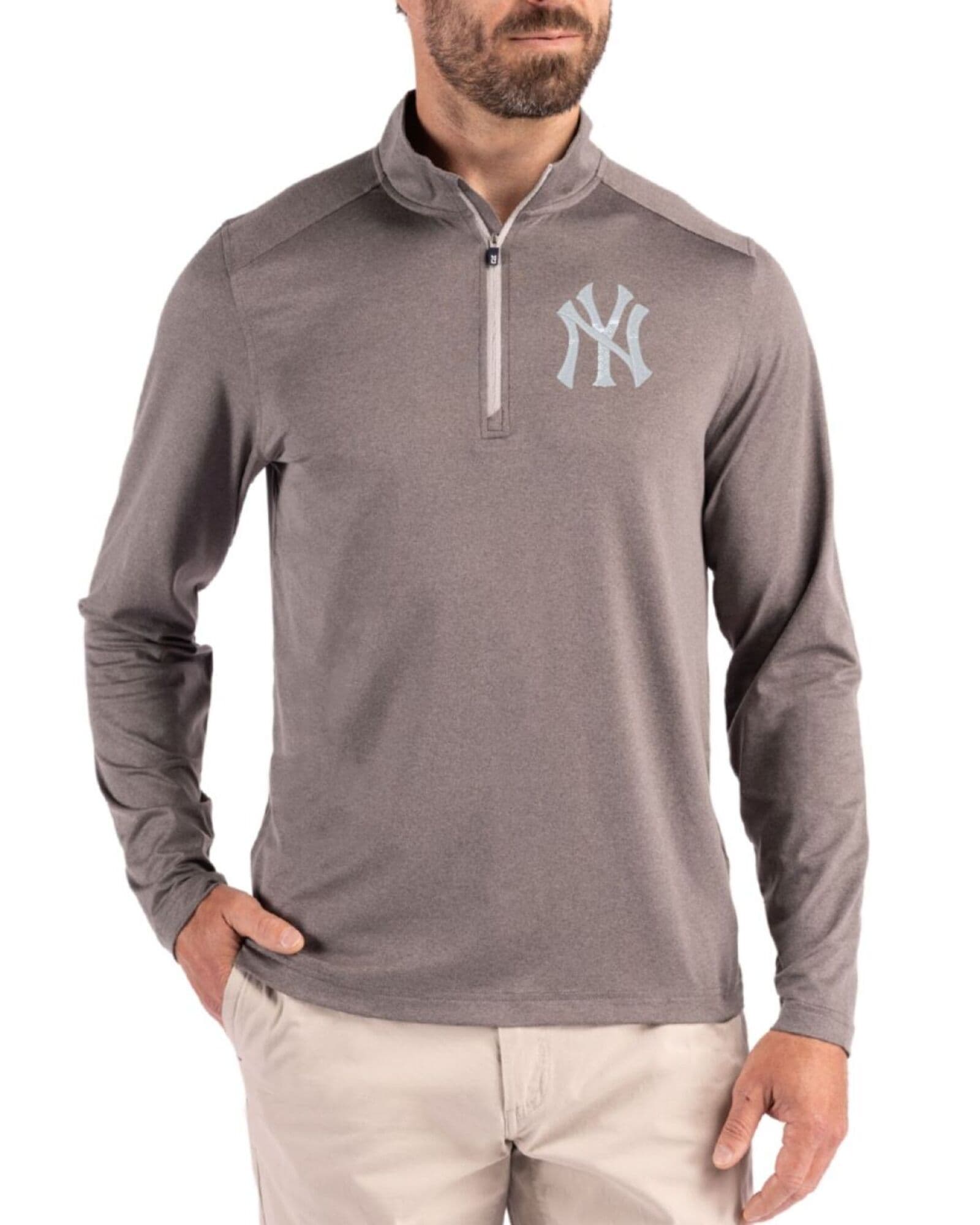 Men's New York Yankees Cutter & Buck Elemental Grey Coastline Double Peached Quarter Zip Pullover