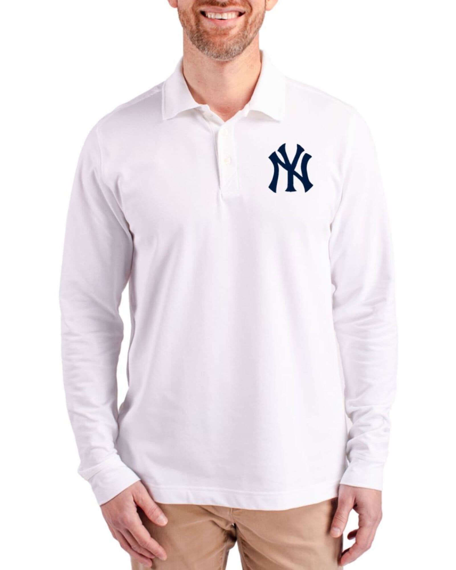 Men's New York Yankees Cutter & Buck White Advantage Epic Confidence Tri-Blend Pique Long Sleeve Polo