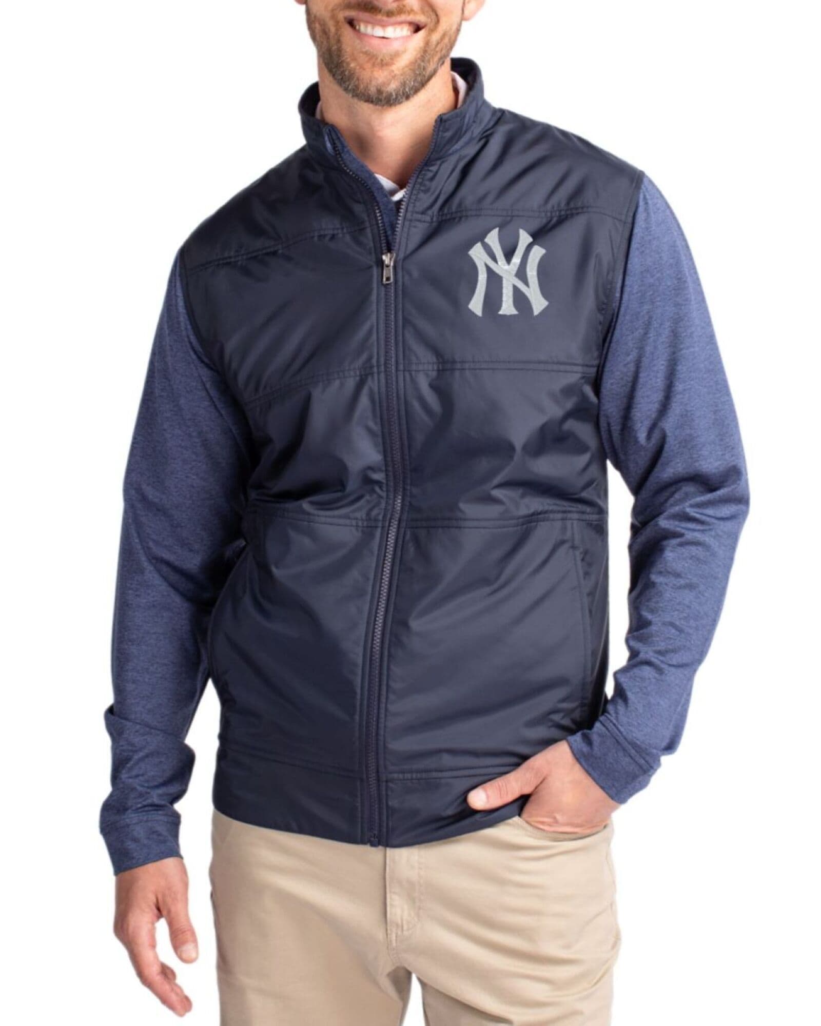 Men's New York Yankees Cutter & Buck Liberty Navy Stealth Hybrid Quilted Windbreaker Jacket