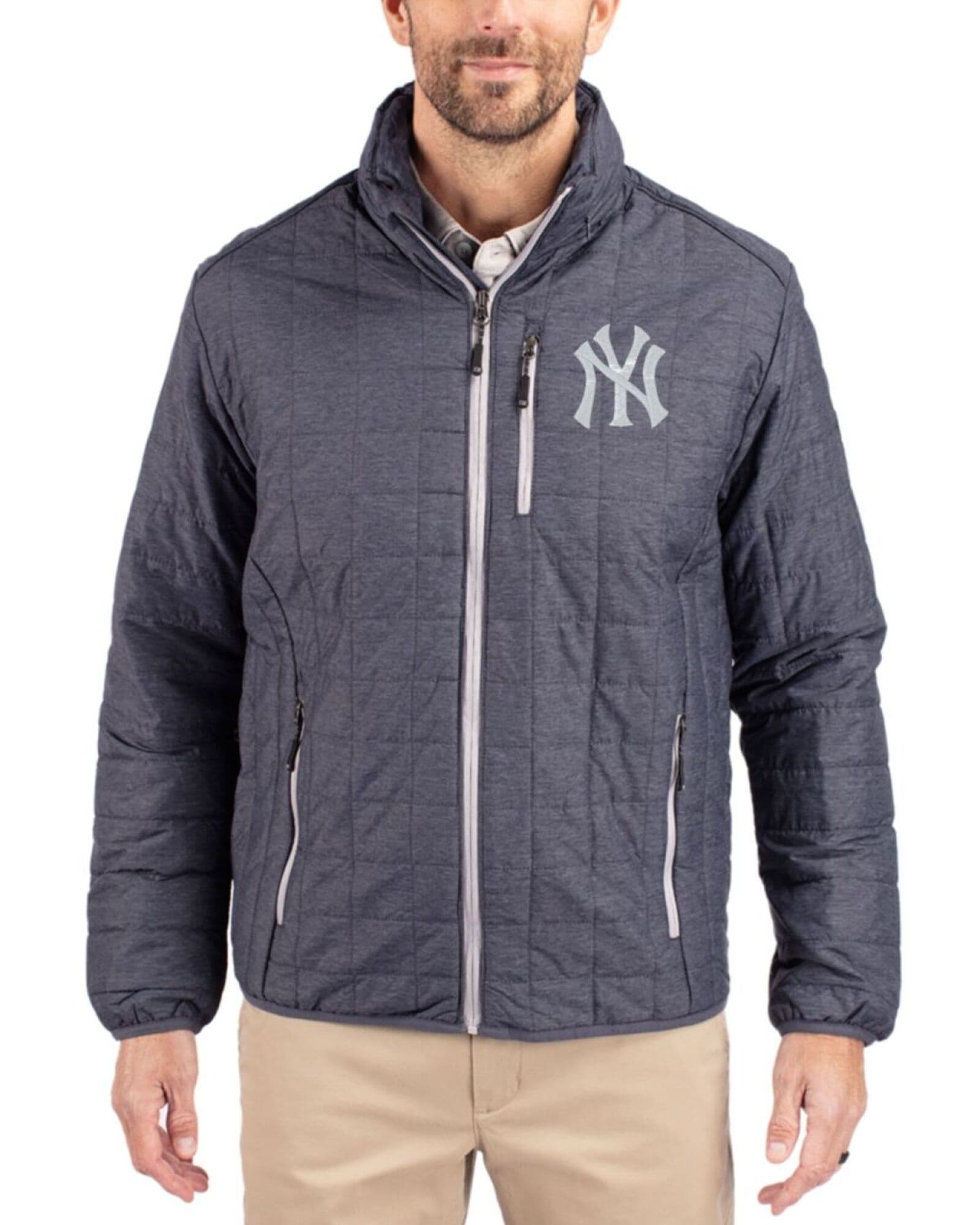 Men's New York Yankees Cutter & Buck Anthracite Melange Rainier Insulated Puffer Full Zip Jacket