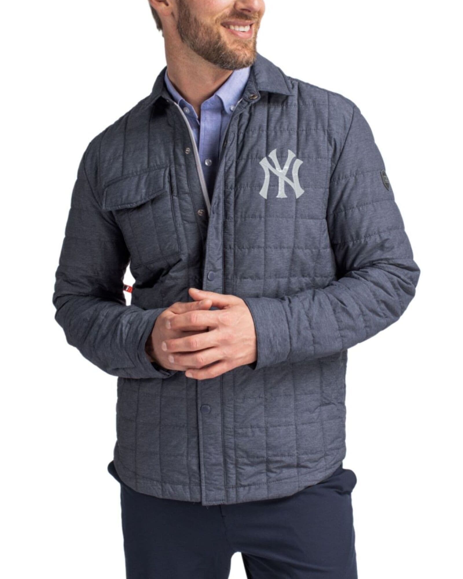 Men's New York Yankees Cutter & Buck Anthracite Melange Rainier Insulated Puffer Full Zip Shirt Jacket