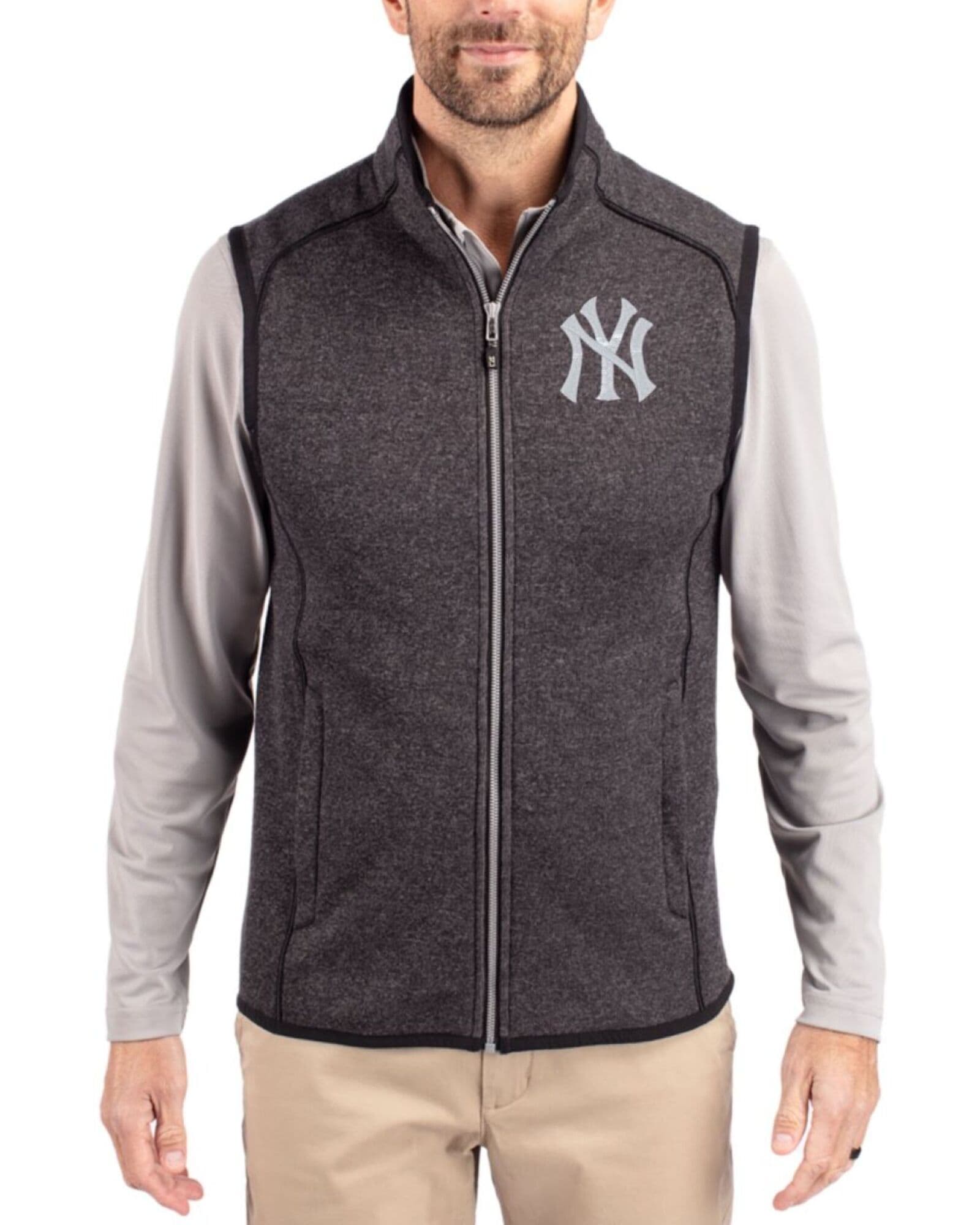 Men's New York Yankees Cutter & Buck Charcoal Heather Mainsail Sweater-Knit Full Zip Vest
