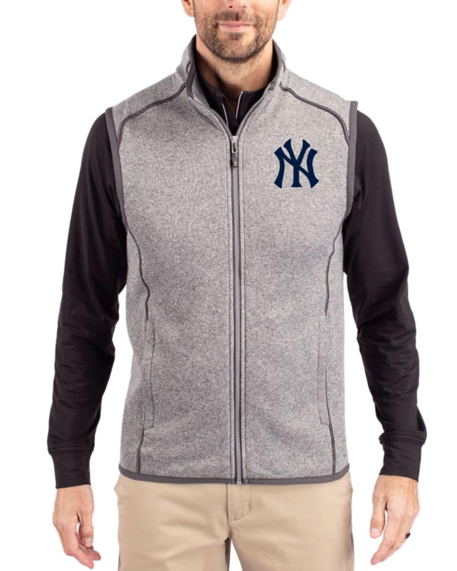 Men's New York Yankees Cutter & Buck Polished Heather Mainsail Sweater-Knit Full Zip Vest