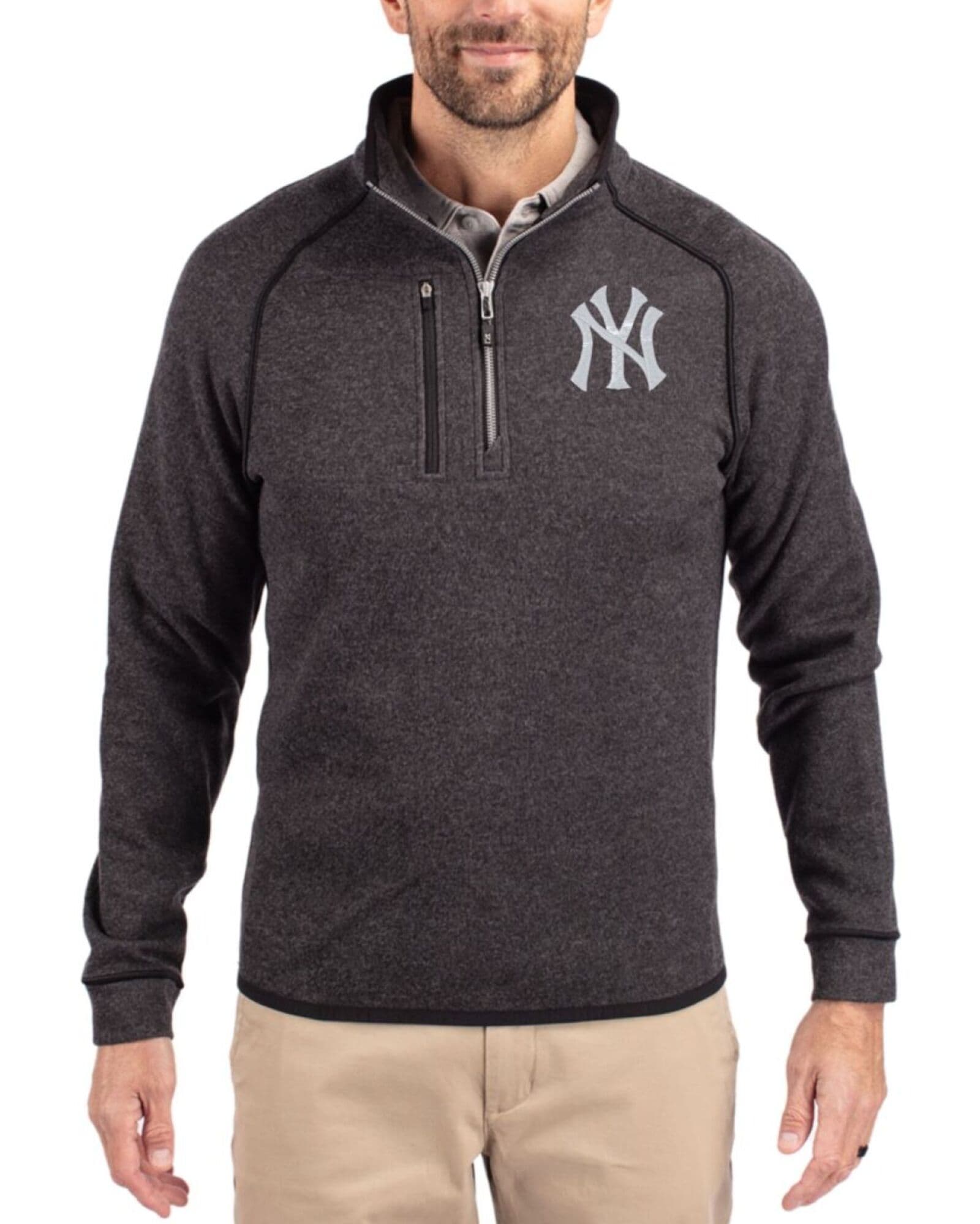 Men's New York Yankees Cutter & Buck Charcoal Heather Mainsail Sweater-Knit Half Zip Jacket