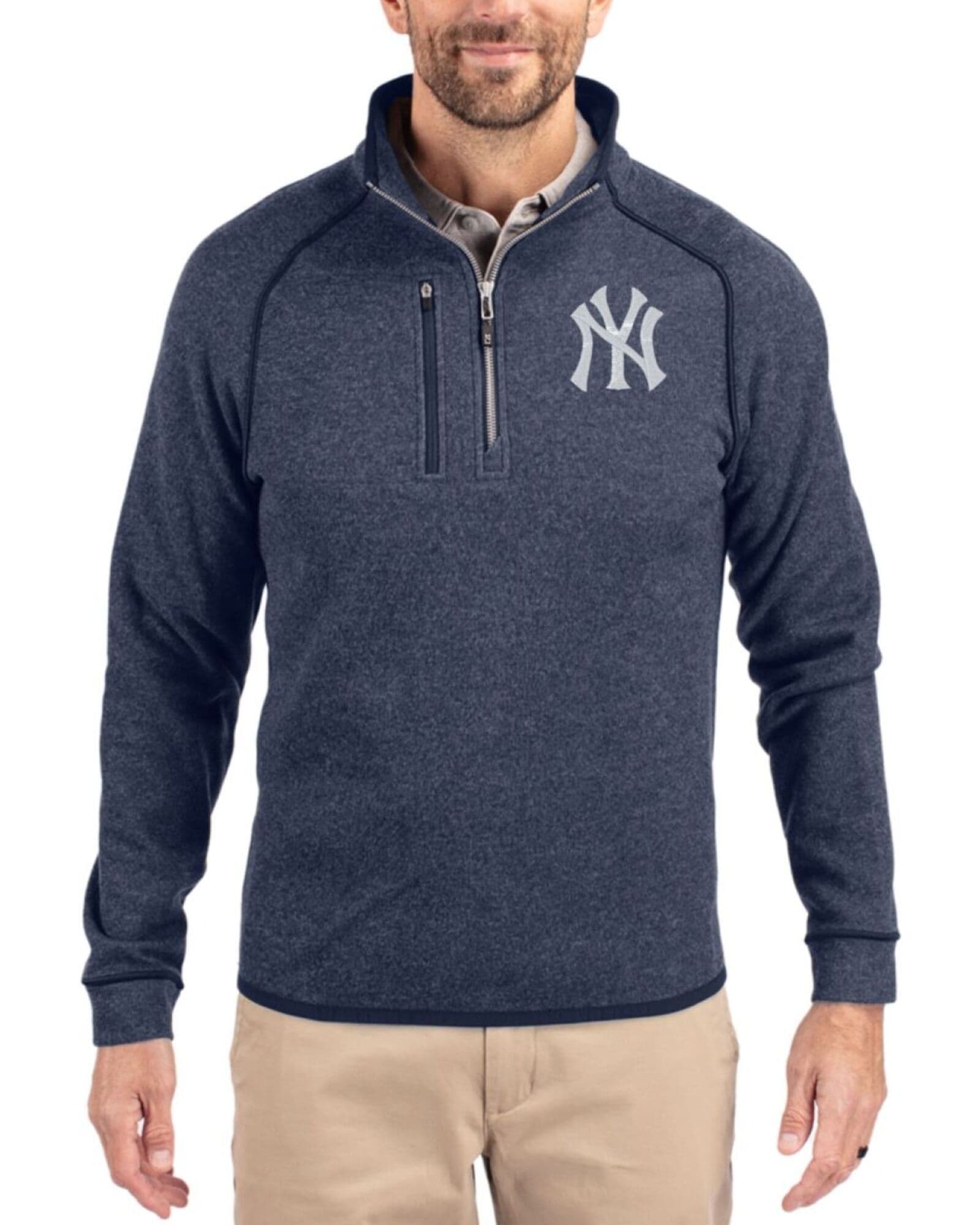 Men's New York Yankees Cutter & Buck Liberty Navy Heather Mainsail Sweater-Knit Half Zip Jacket