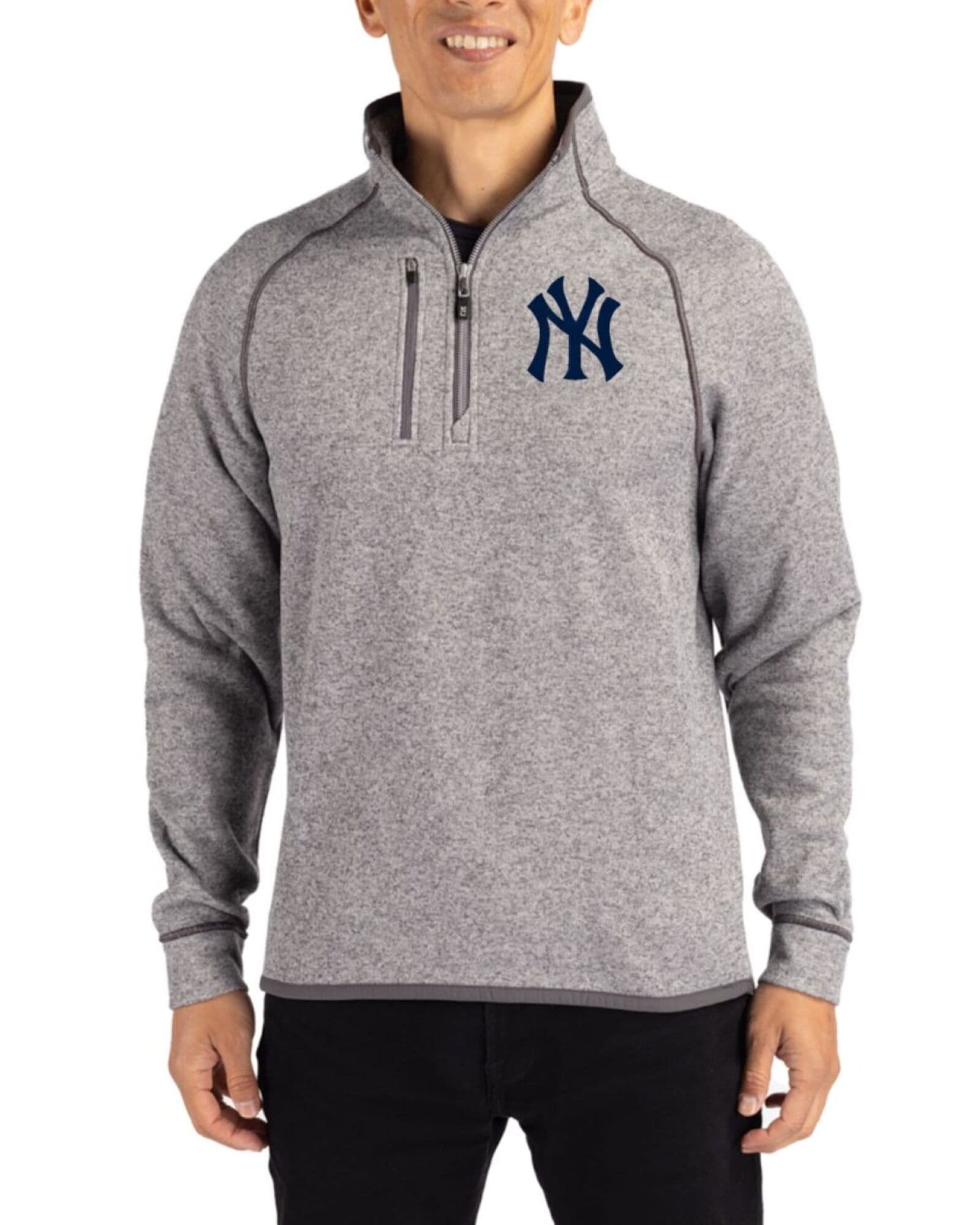 Men's New York Yankees Cutter & Buck Polished Heather Mainsail Sweater-Knit Half Zip Jacket